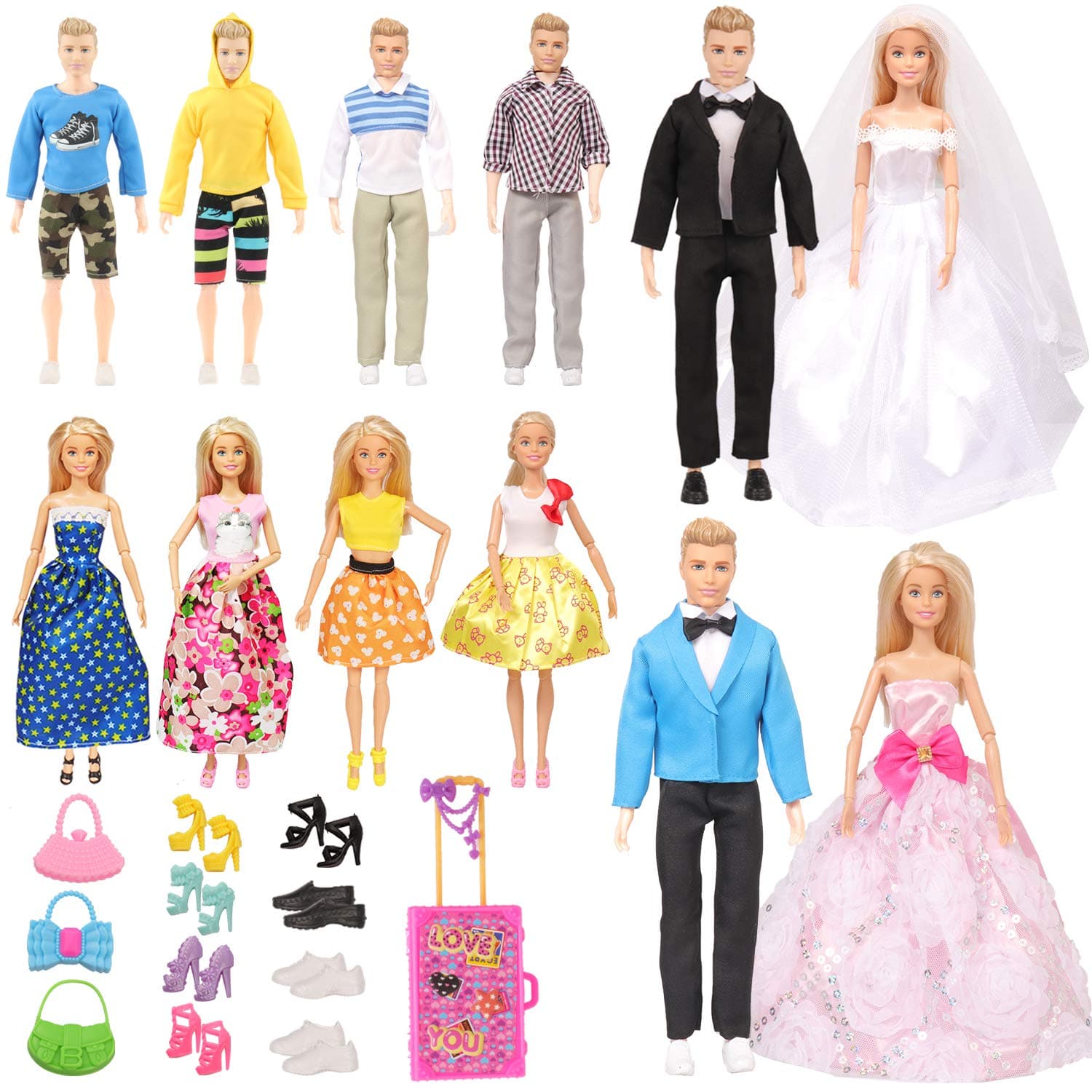SUBANG 33 Pieces Doll Clothes and Accessories for 11.5 Inch Girl Boy Doll Include 12 Set Doll Groom Suit, Wedding Dress, Casual Wearing Clothes with Accessories and 8 Pair Shoes