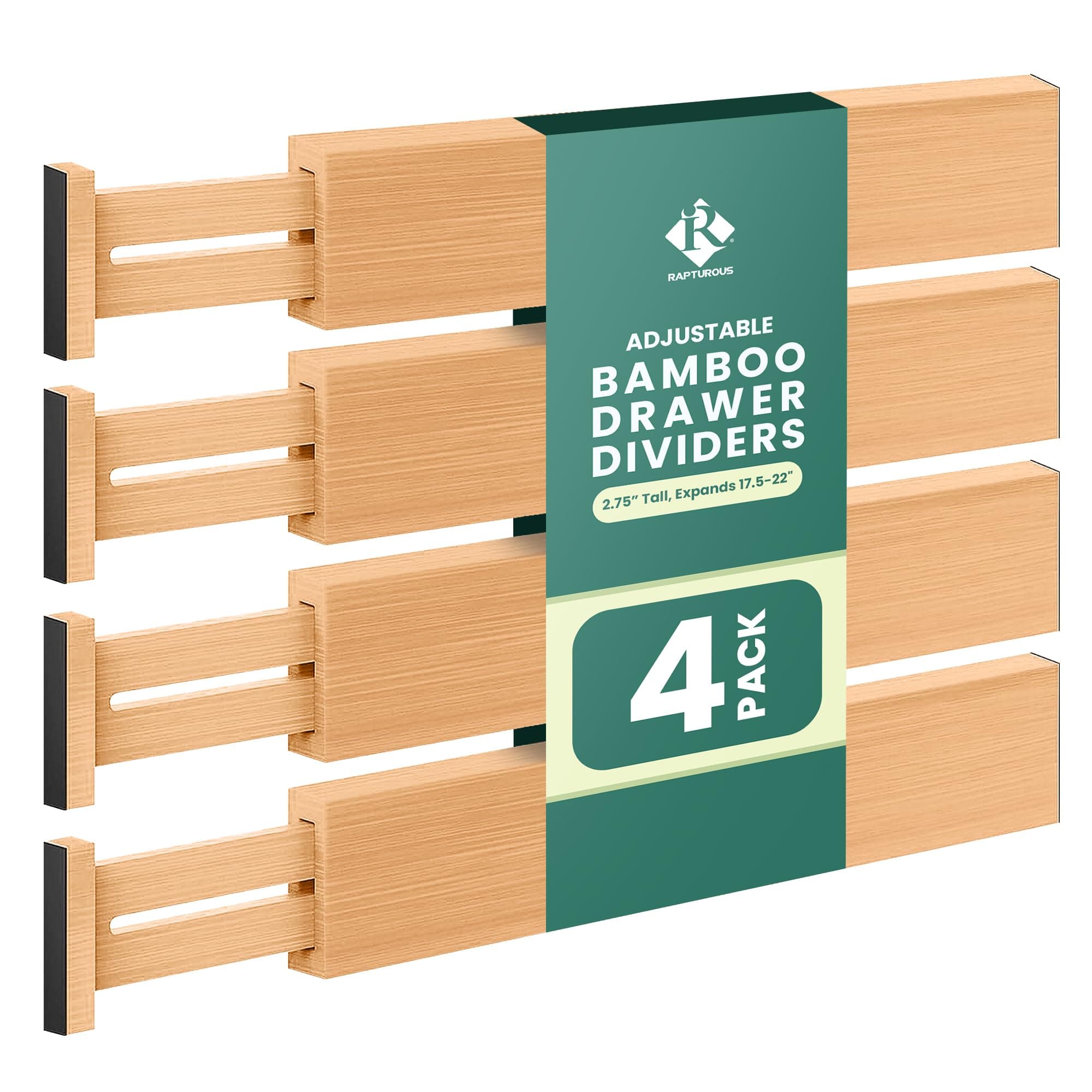 Expandable Bamboo Drawer Dividers – 17.3" to 22" Adjustable Organizers, 2.4” Tall, 4-Pack – Kitchen Drawer Divider for Utensils, Clothes, Office – Spring Loaded Insert, Compatible with Dresser Drawers