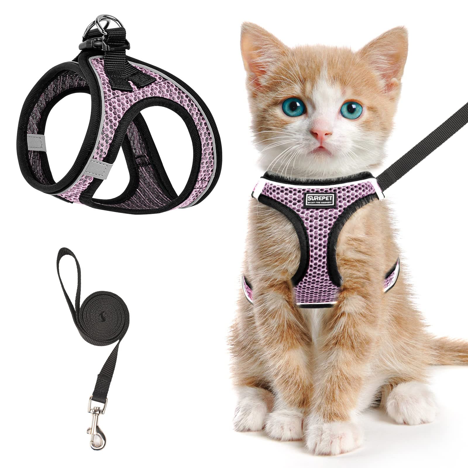 Cat Harness and Leash for Walking Escape Proof, Adjustable Kitten Vest Harness Reflective Soft Mesh Puppy Harness for Outdoor, Comfort Fit, Easy to Control (Lpink, XS)