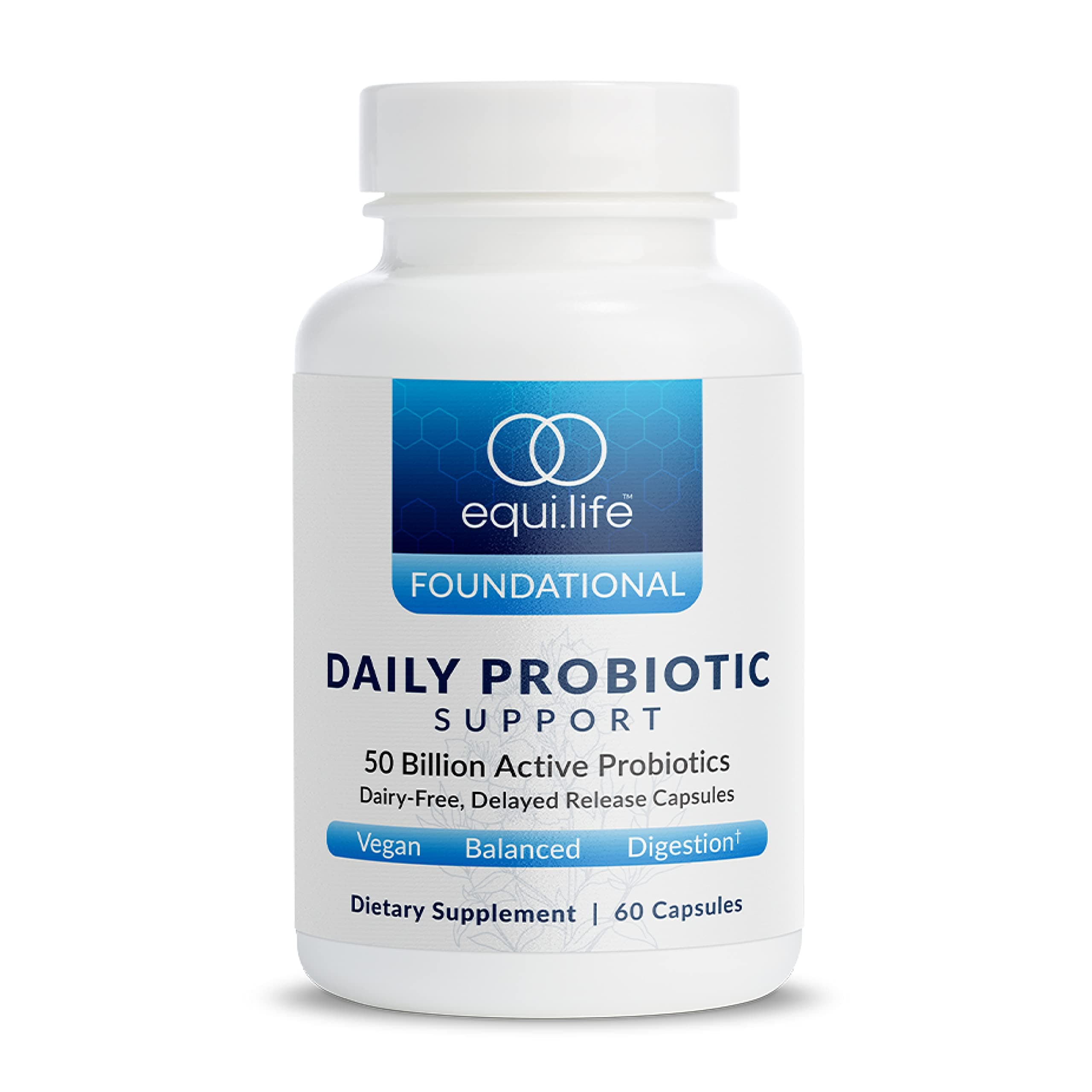 Equilife Daily Probiotic Support, 50 Billion CFU, 8 Probiotic Strains, Digestive and Gut Health Supplement for Men and Women, Gluten Free, Soy and Dairy Free, Non GMO, American Made, 60 Capsules