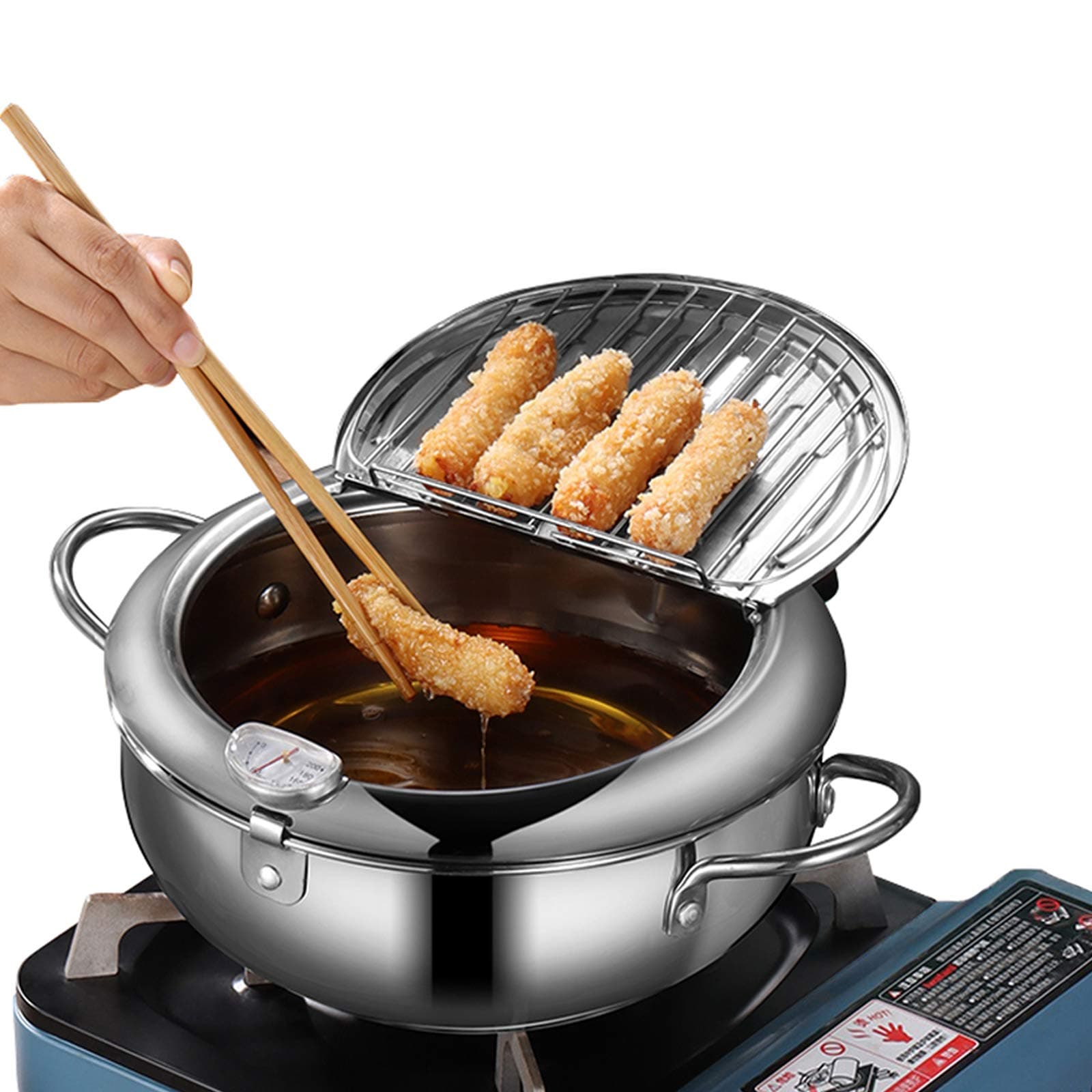 Tempura Frying Pot, Japanese Style 2.2L Mini Deep Fryer Pan 304 Stainless Steel With Thermometer,Lid And Oil Drip Drainer Rack for Turkey Legs, Chicken Wings, French Fries(20cm/7.9inch)