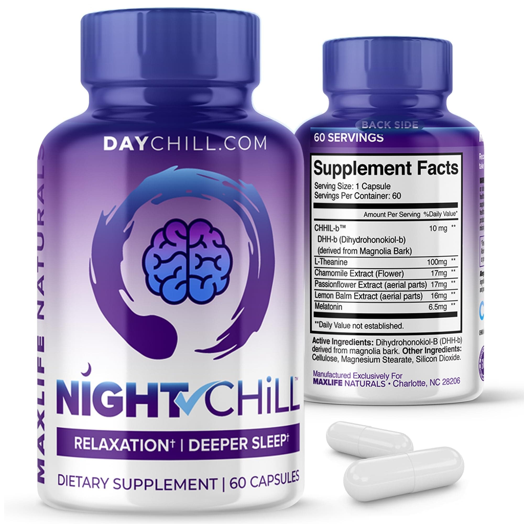 Night Chill Sleep Supplement – 60 Capsules - Restful Sleep Support with DHH-B from Magnolia Bark and L-Theanine Supplement - Stress Calm Mood Support - Sleeping Pills for Adults by MaxLife Naturals