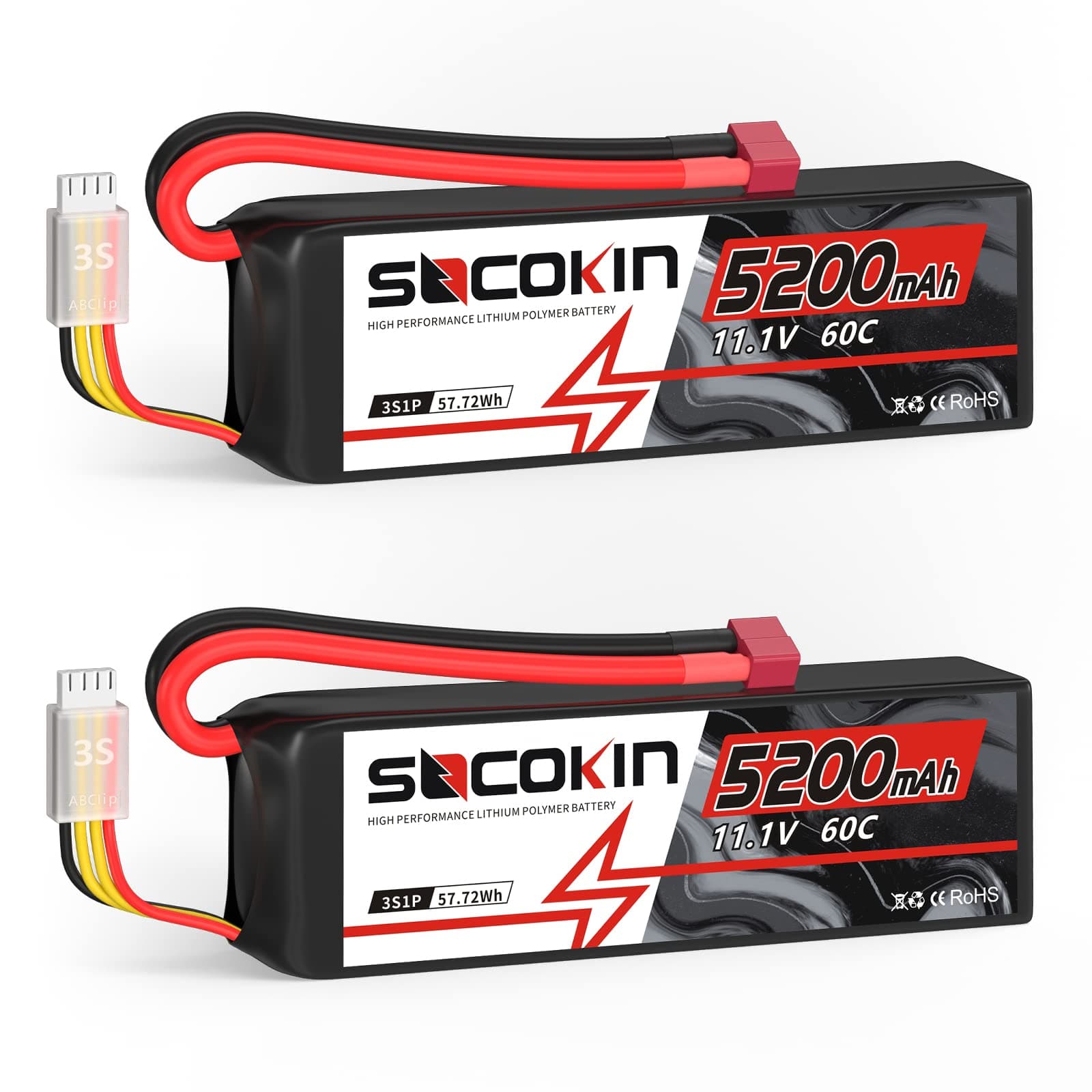 Socokin Lipo Battery 3S 11.1V 5200mAh 60C with Deans T Plug Soft Case for RC Car Model, RC Racing Car Heli Airplane Quadcopter Helicopter etc (2 Pack)
