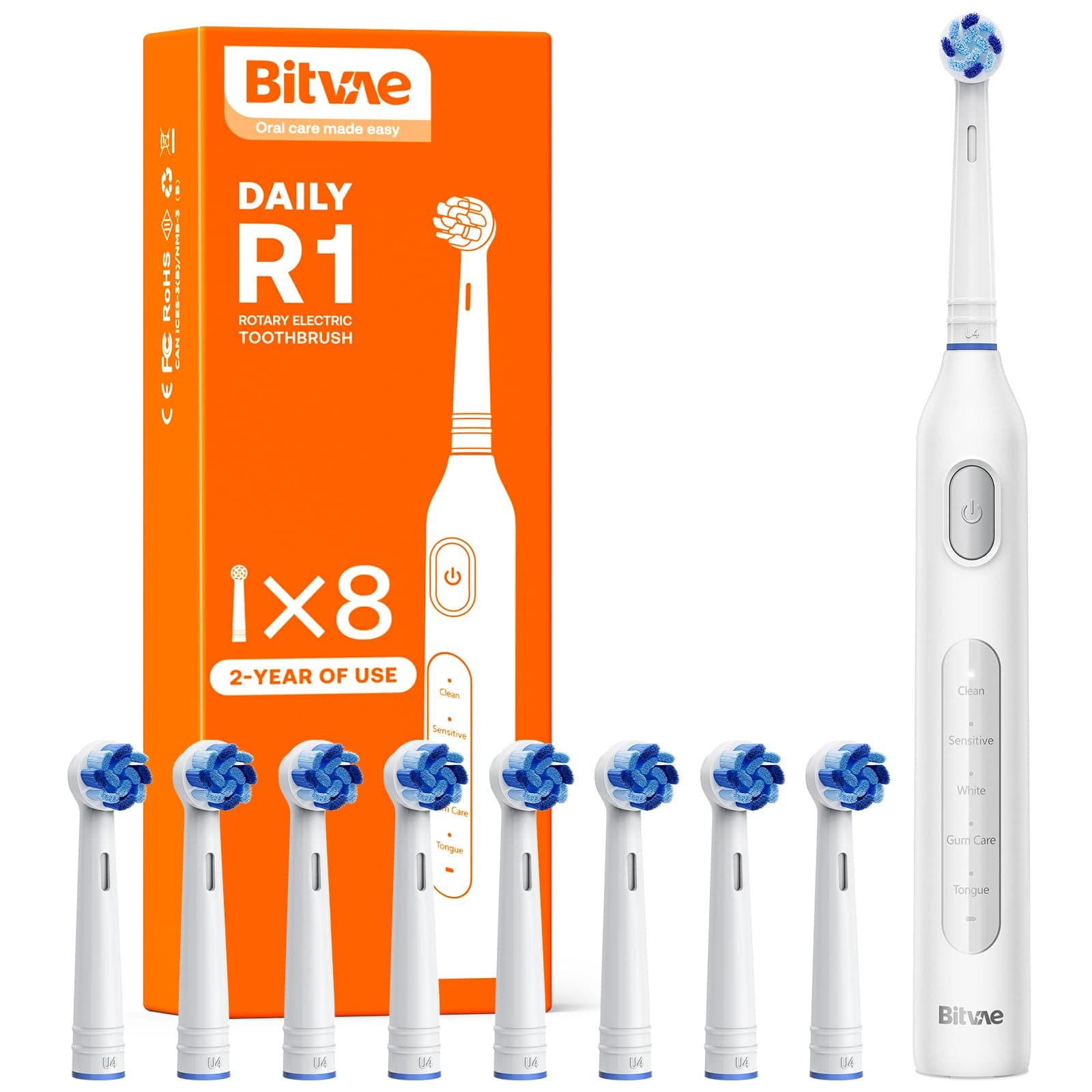 R1 Rotating Electric Toothbrush for Adults and Kids with 60-Day Battery Life, 8 Brush Heads Rechargeable Power Toothbrush, 5 Modes, Brushing Timer, White