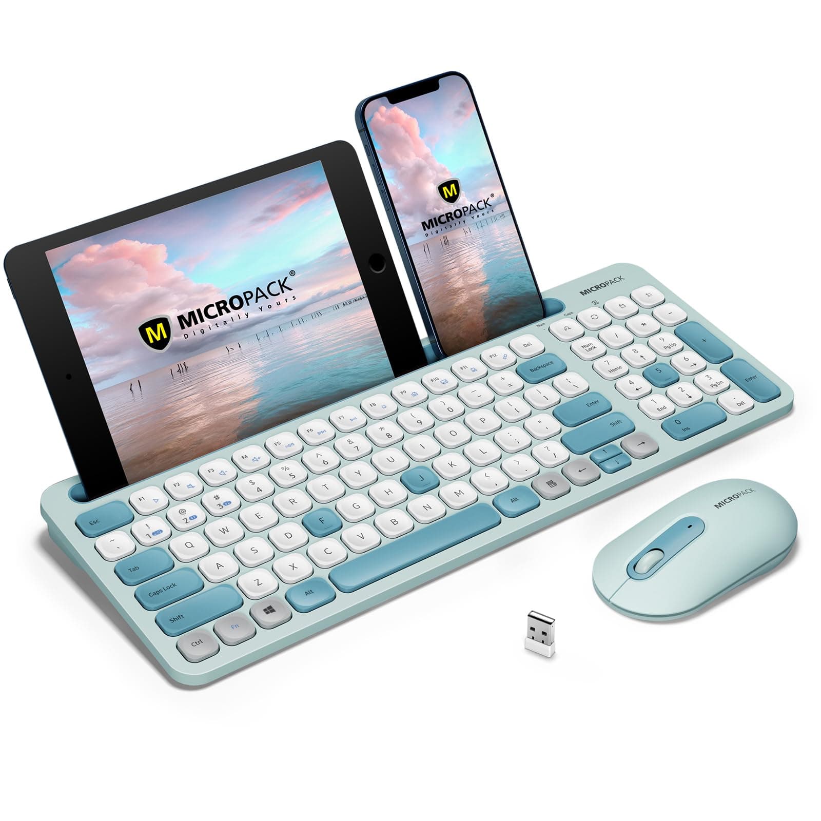 MicroPack Wireless Keyboard and Mouse, Multi-Device Dual-Mode (Bluetooth 5.0/3.0+USB 2.4G) Silent Bluetooth Keyboard Mouse with Phone Holder for Mac, iPad, Android, Windows (Blue)
