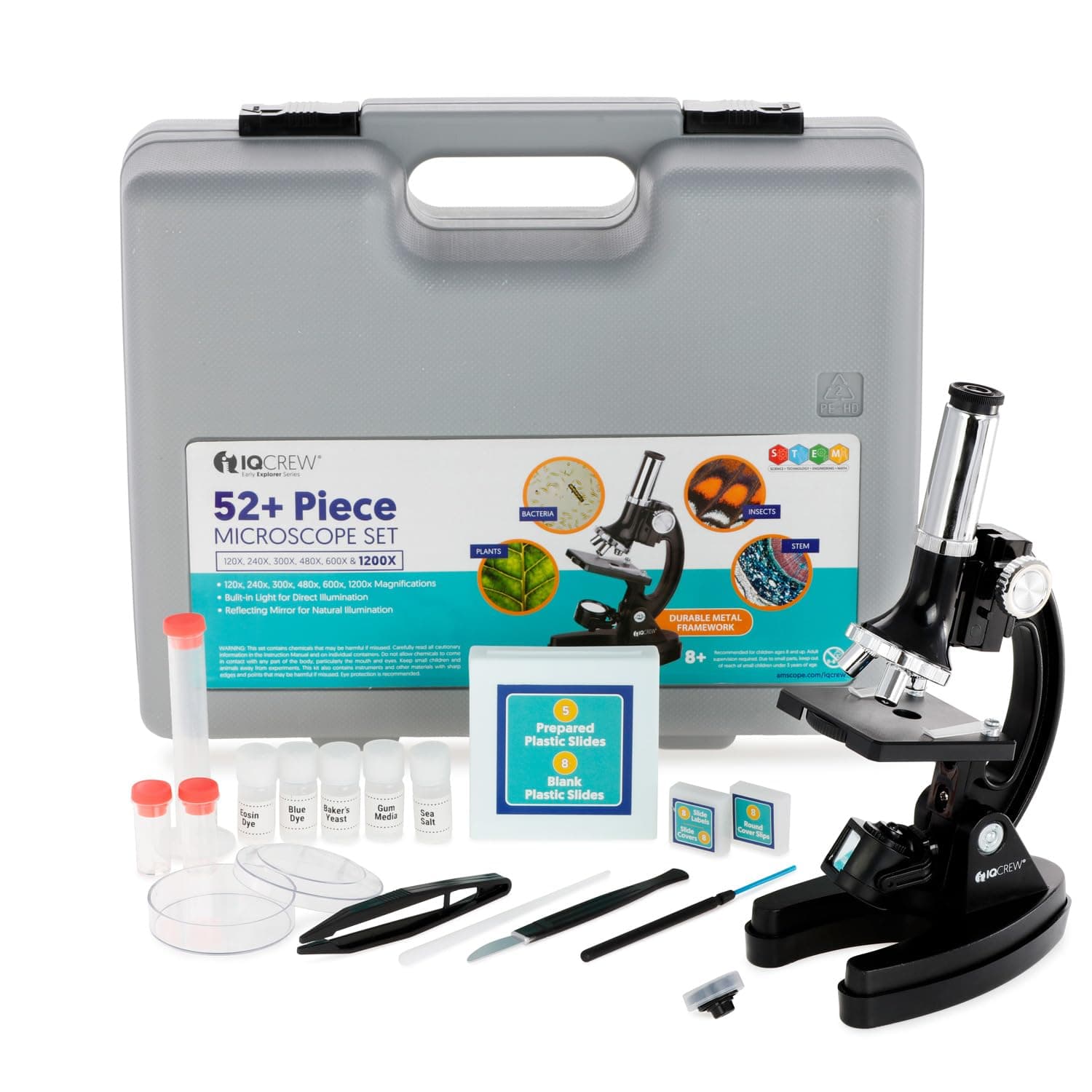 AmScope M30 Series 52-Piece STEM Microscope Kit for Kids - Monocular, Portable Compound Microscope for Kids - Includes Petri Dish, Slides & More - Black