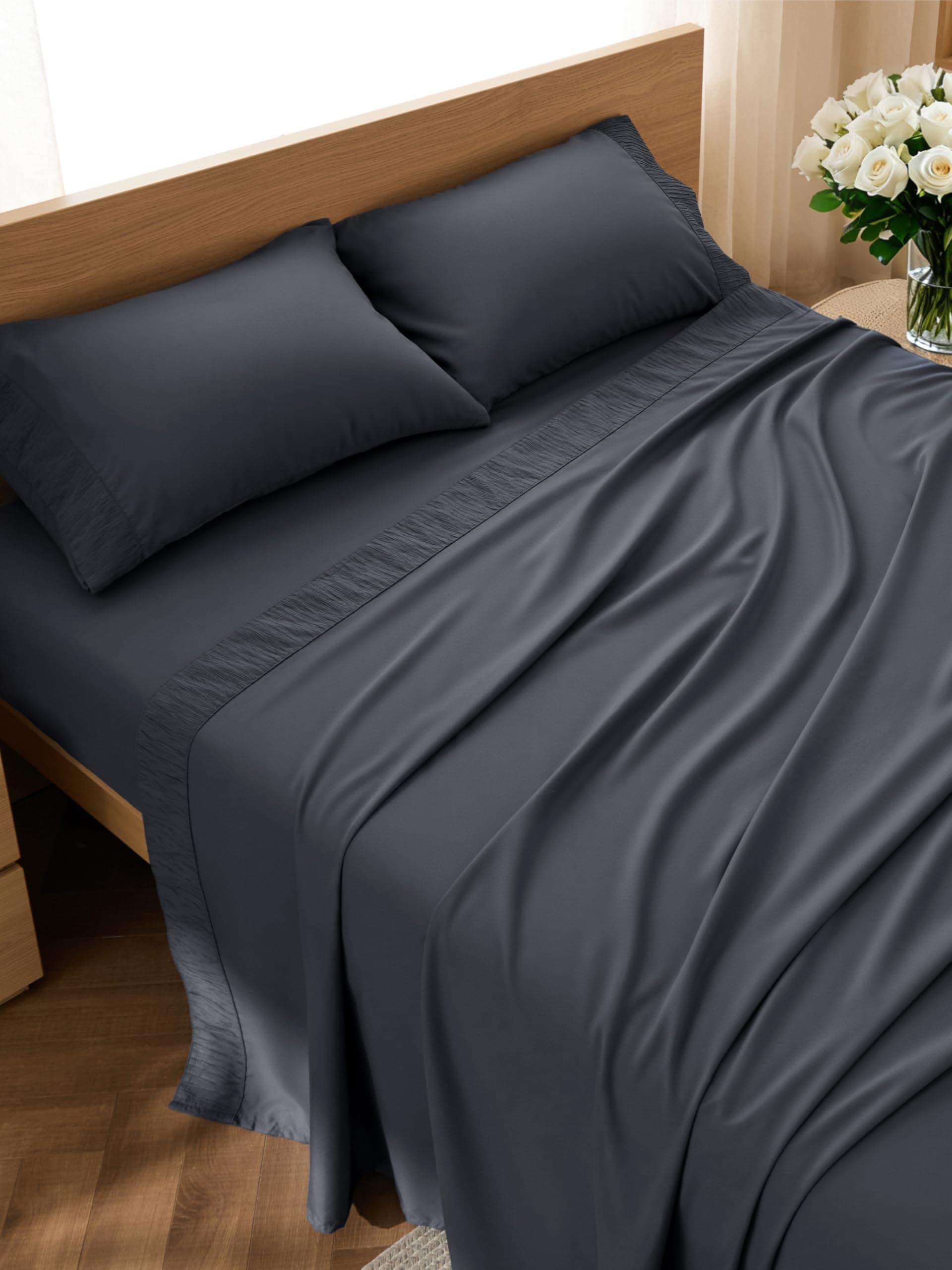Full Size Bed Sheets - 4 Pieces Soft Full Sheet Set - Breathable & Cooling - Hotel Luxury - Easy Care Polyester Microfiber Bedding for Women, Men, Dark Grey