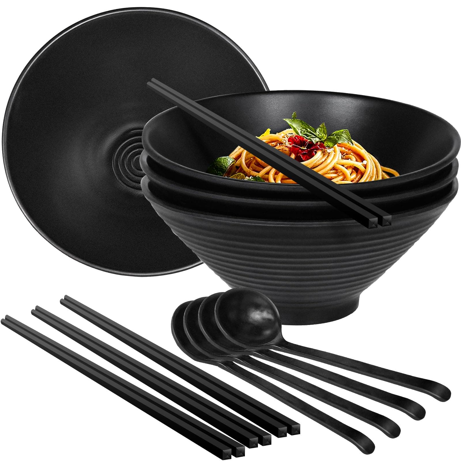 Set of 4 Ramen Bowl Set, Melamine Large Japanese Style Noodle Soup Bowls Set with Spoons and Chopsticks for Ramen, Pho, Noodles, Asian Dishes Black,Large Bowl for Adults| Dishwasher Safe