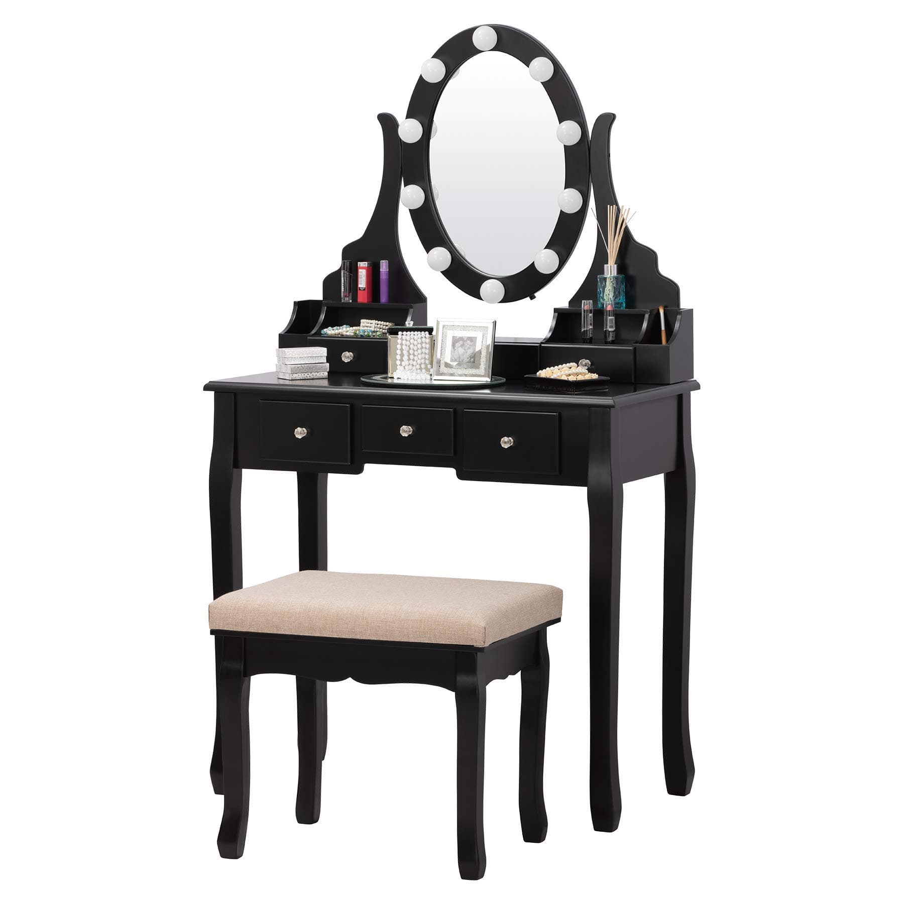 Fineboard Vanity Table Set with LED Lights Mirror and Stool with 6 Drawers, Black