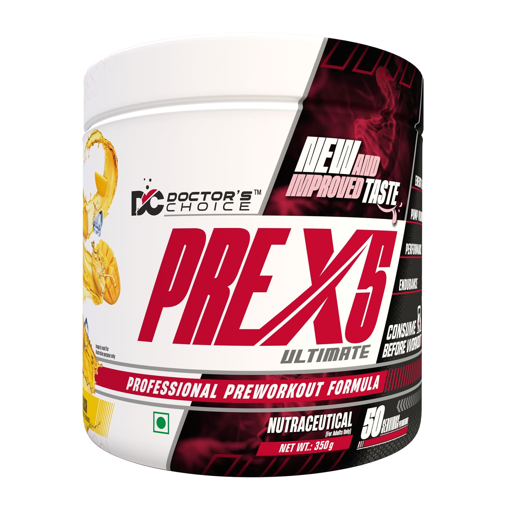 Doctor's Choice PRE-X5 Ultimate Professional Pre-Workout Formula, Mango Slush, 350 g Powder, USA FDA REGD 50 Serving