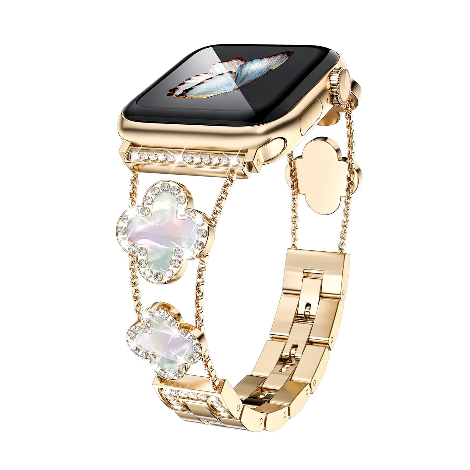 diamond metal band adds sparkle to your watch - Compatible with Apple Watch Series 8/7/6/5/4/3/2/1SE/Ultra - Clover is simple and stylish, fits women's sizes 38mm 40mm 41mm 42mm 44mm 45mm