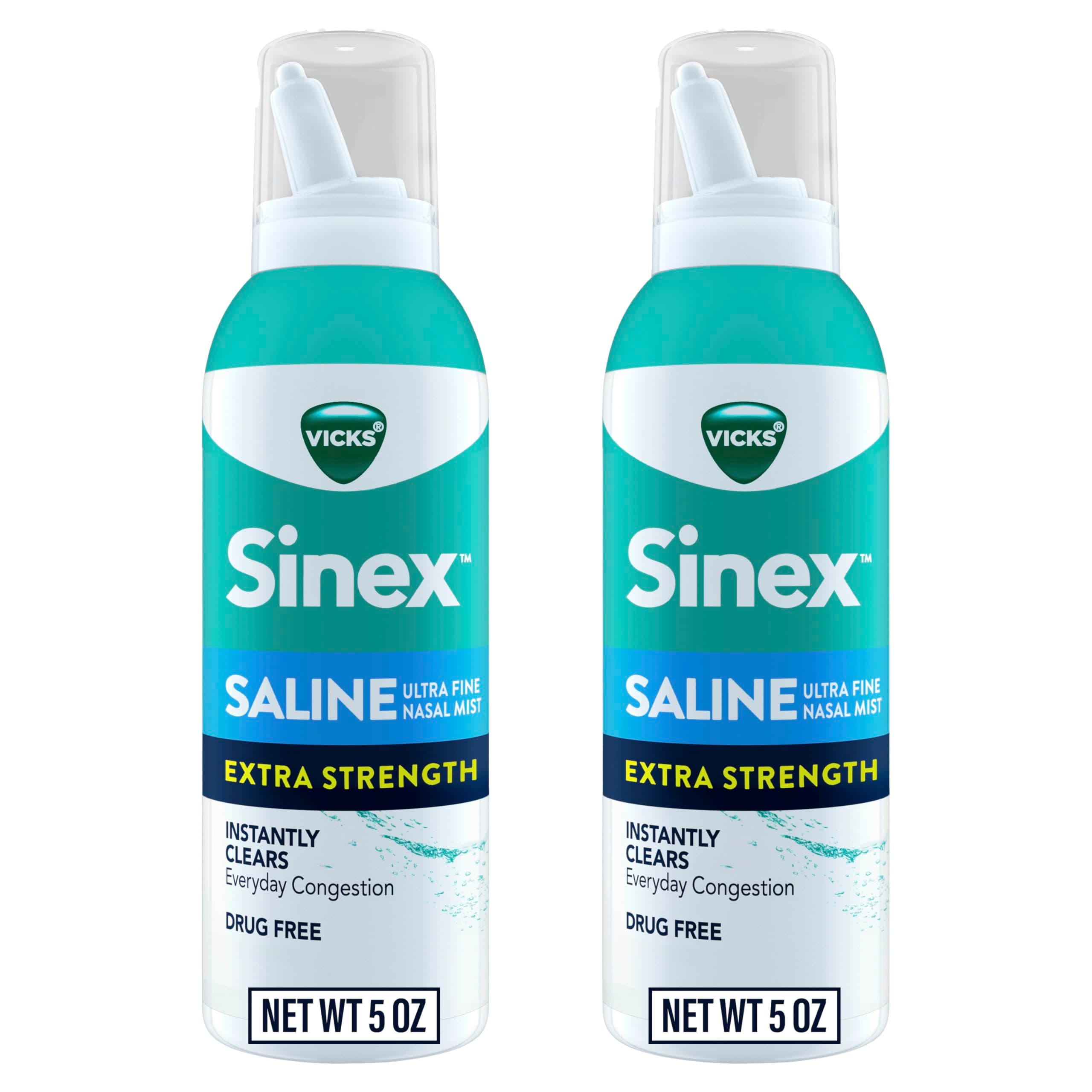 Sinex Saline Extra Strength Nasal Spray, 3X Concentrated* Drug Free Ultra Fine Mist, Instantly Clears Mucus, Ultra Concentrated to Clear Congestion Fast, Safe For Daily Use, 5 OZ x 2