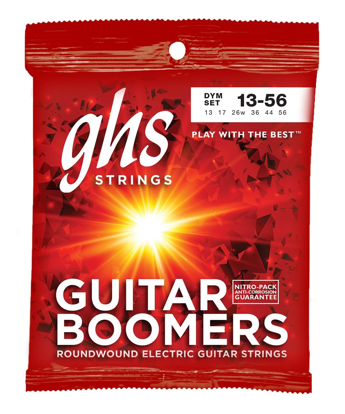 GHS Strings, DYM Boomers, Nickel Plated Steel Electric Guitar Strings, Legendary Strength, Consistent Intonation, Unrivaled Sustain, Long Lasting Brightness & Tone. Wound 3rd (G) 13-56 MED Gauge