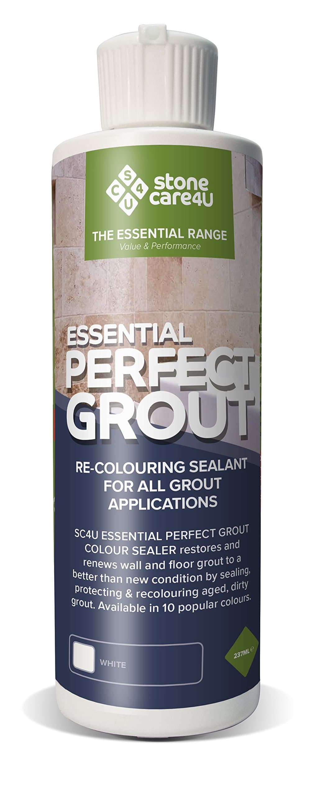 Essential Perfect Grout, White, 237ml. Restore & Renew Old Kitchen, Bath, Wall & Floor Grout. Superior Alternative to Grout Pen or Paint. Long-Term Sealing Protection - Stonecare4u