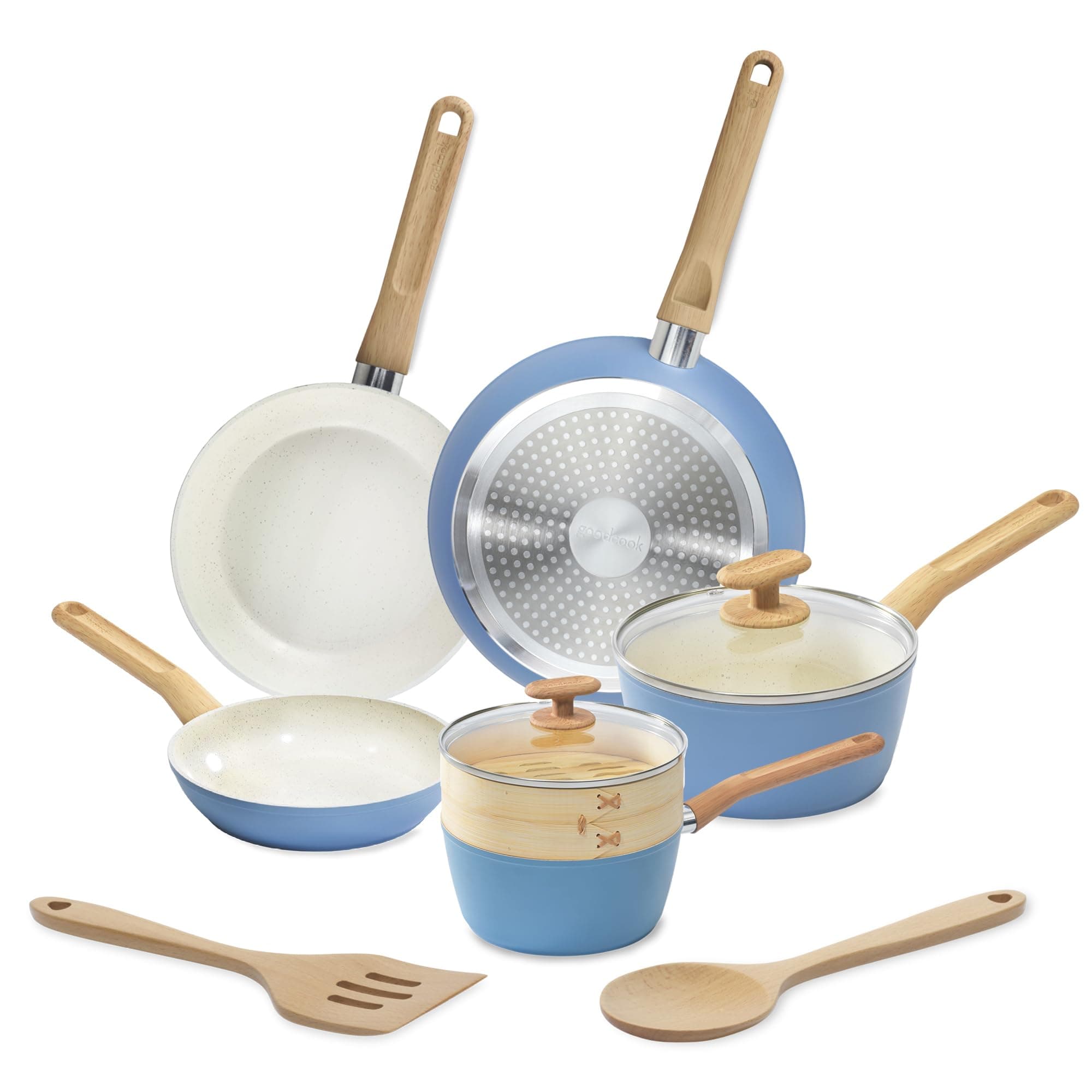 10-Piece Healthy Ceramic Titanium-Infused Cookware Set, Light Blue – Pots, Pans, Steamer, Spoon & Turner – Induction Cookware, Kitchen Pots & Pans Set, Nonstick Cooking Pan Set