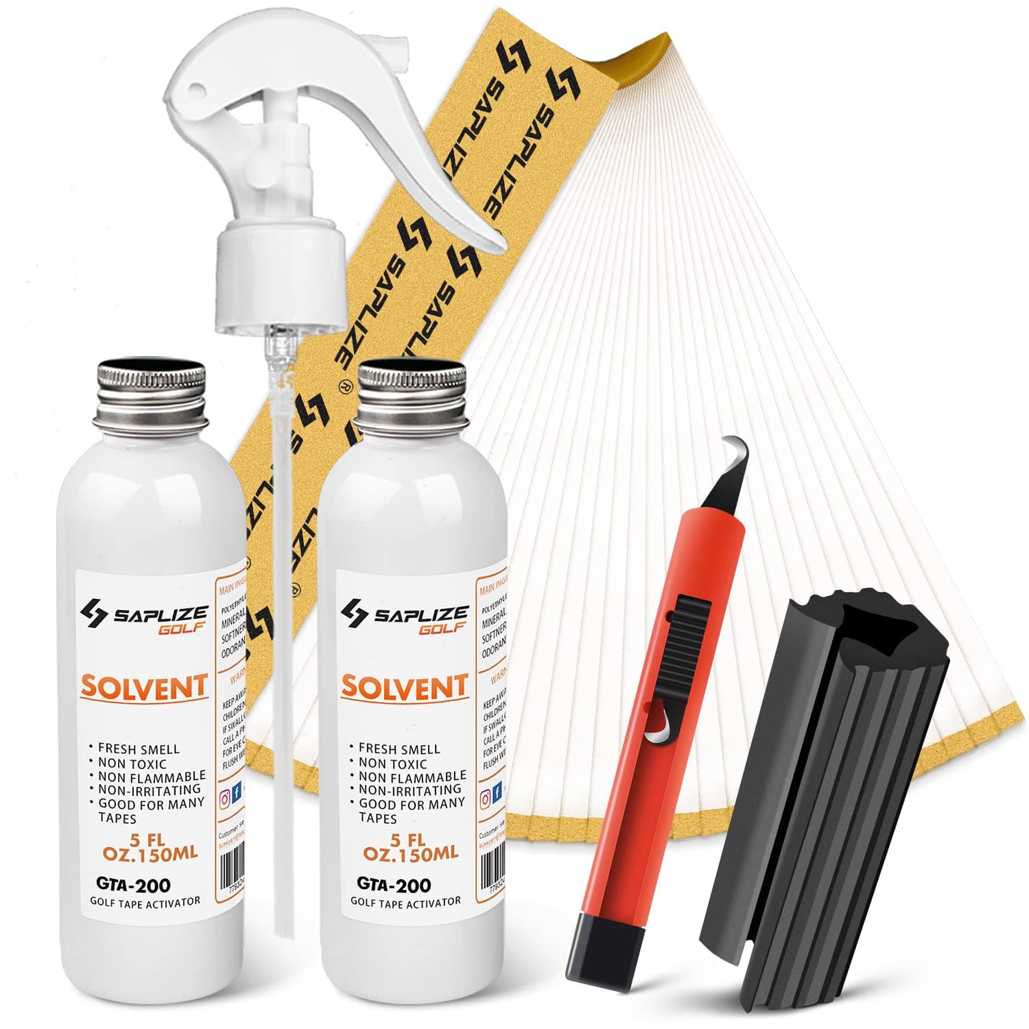 SAPLIZE Golf Regripping Kits with 30 Tapes(2" x 10.5"), 10 oz Solvent, Vise Clamp and Hook Blade