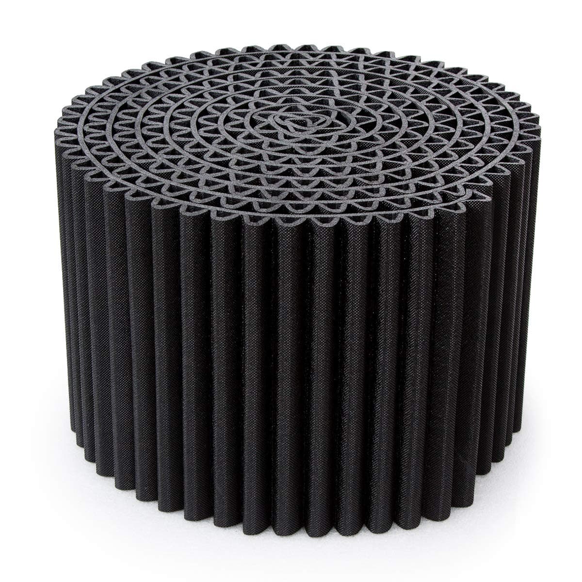 The Leggero Pouffe: more than just a simple seat; it's also a coffee table, night stand, footstool or ottoman (not the storage type). Perfect for outdoors, too — it's weatherproof. Diam. 55 cm, H. 36 cm. Colour: Black.