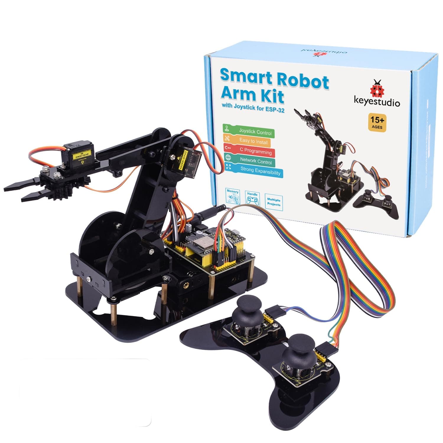 KEYESTUDIO ESP32 Smart Robot Arm Kit for Arduino with Joystick,DIY Programming Robot Building Kit for STEM Education,4DF Robotic Arm for Teens and Adults