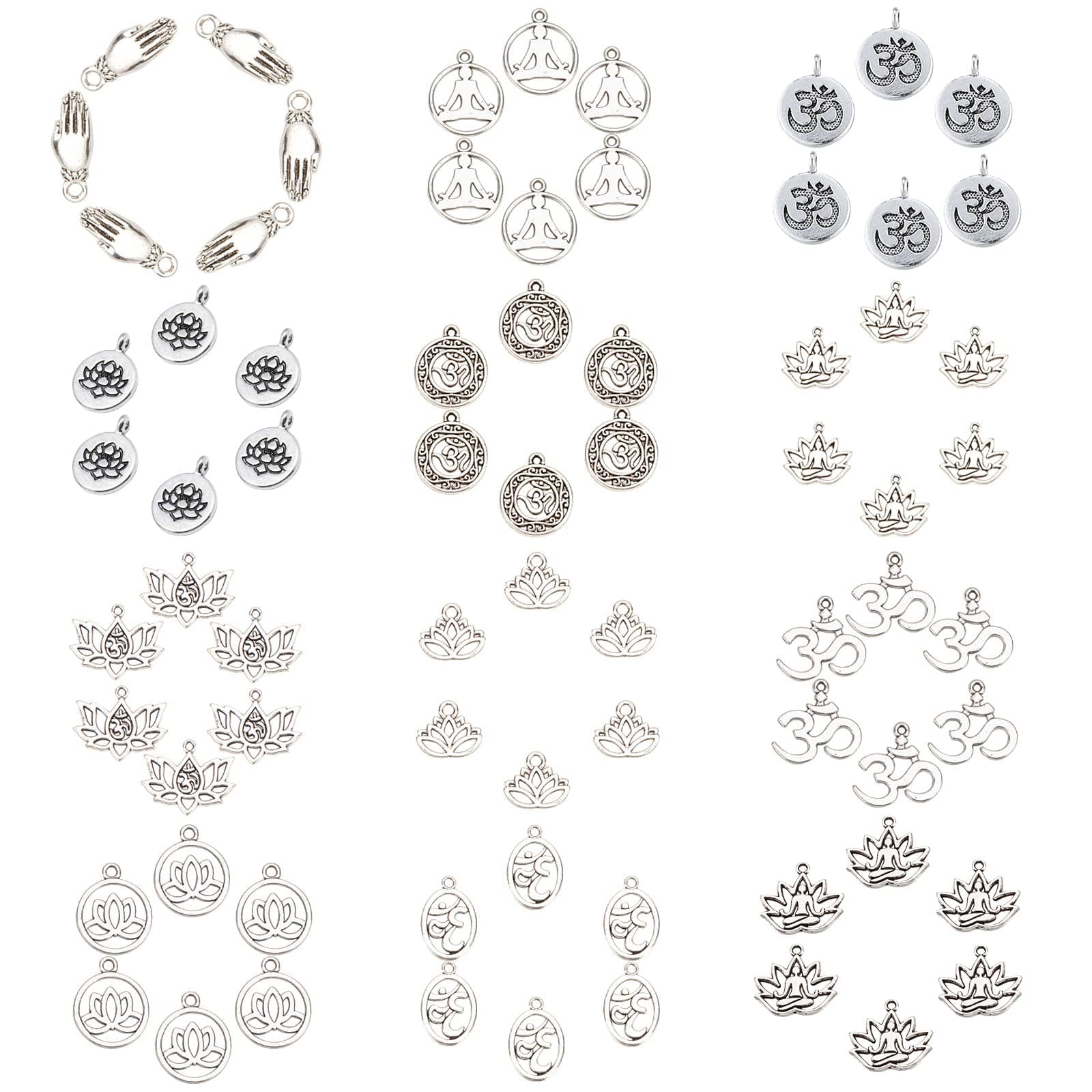 SUNNYCLUE 1 Box 72Pcs Lotus Yoga Charms Flat Round Lotus Pendant Mixed Smooth Tibetan Alloy Metal Charms Lotus Hand-Shaped Charms for DIY Necklace Bracelet Anklet Earring Jewelry Making
