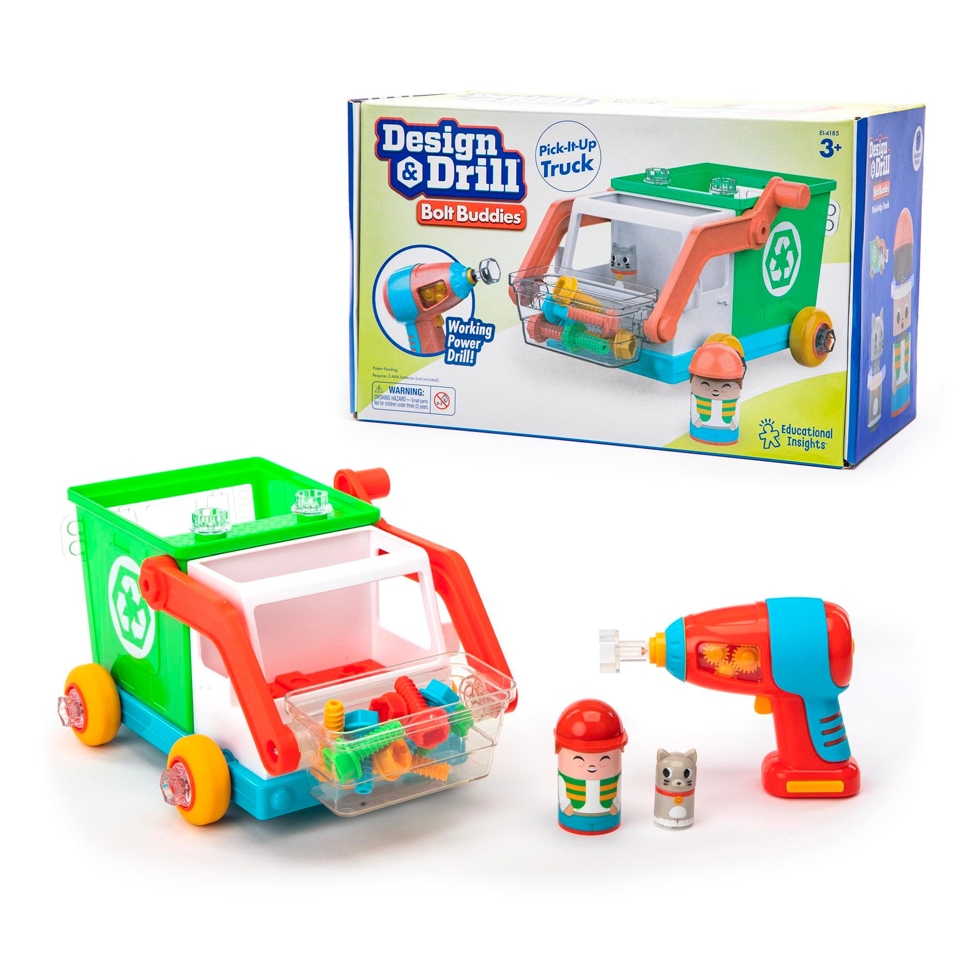 Educational Insights Design & Drill Bolt Buddies Recycling Truck - Construction Toys & Toddler Tools, Kids Tool Set with Real Electric Drill Toy, Take Apart STEM Set, Building Kit & Gift for Ages 3+
