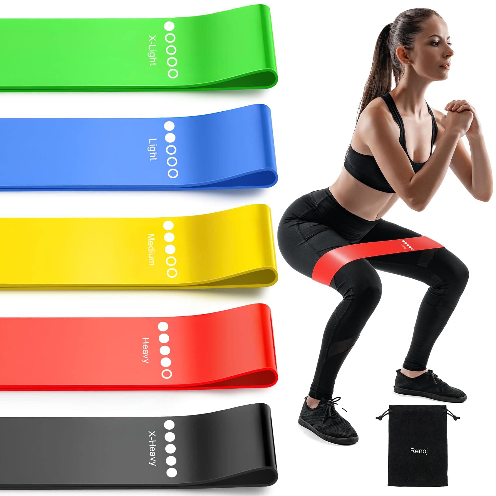 RenoJ Resistance Bands, Exercise Workout Bands for Women and Men, 5 Set of Stretch Bands for Booty Legs