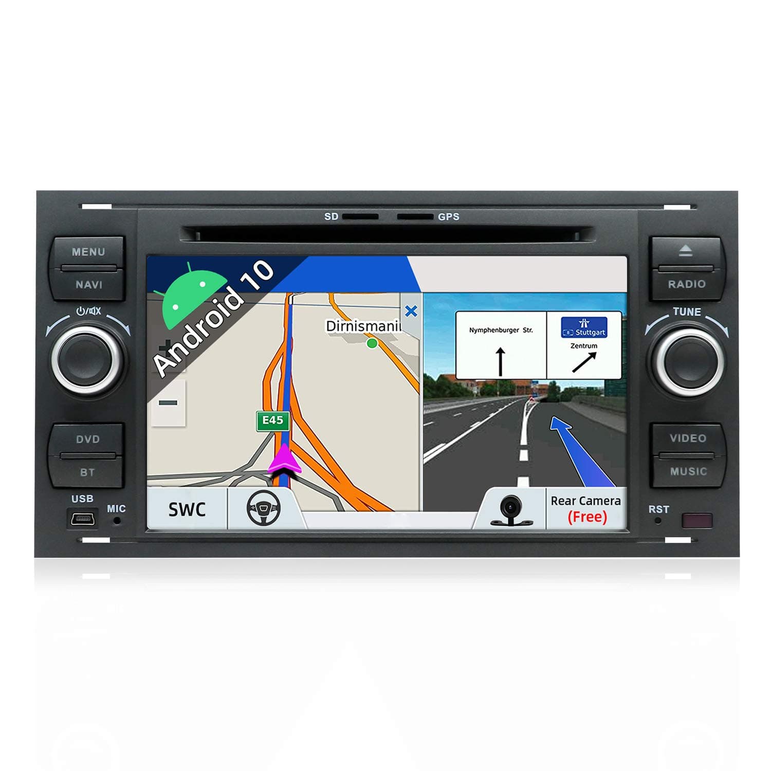 Android 9 Double Din Car Stereo For Ford C-Max/Connect/Fiesta/Focus/Fusion/Galaxy/Kuga S-Max/Transit/Mondeo Schwarz GPS Navigation Head unit |2G+32G 7 Inch| WIFI Google Bluetooth Backup Camera&Canbus