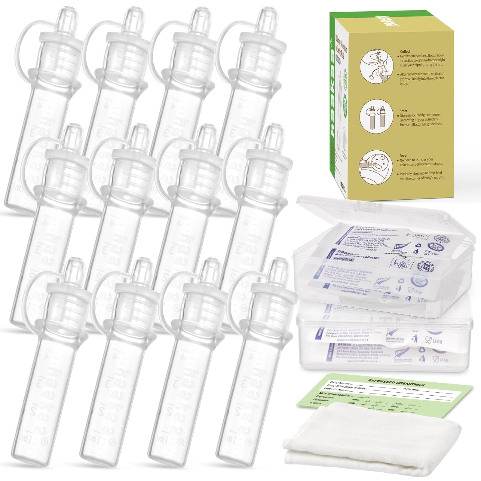Colostrum Collector Syringes Set Colostrum Harvesting Kit Include 2 Storage Cases and 2 Cotton Cloth Wipes to Collect Store and Feed Colostrum, 0.1oz/4ml,12pcs