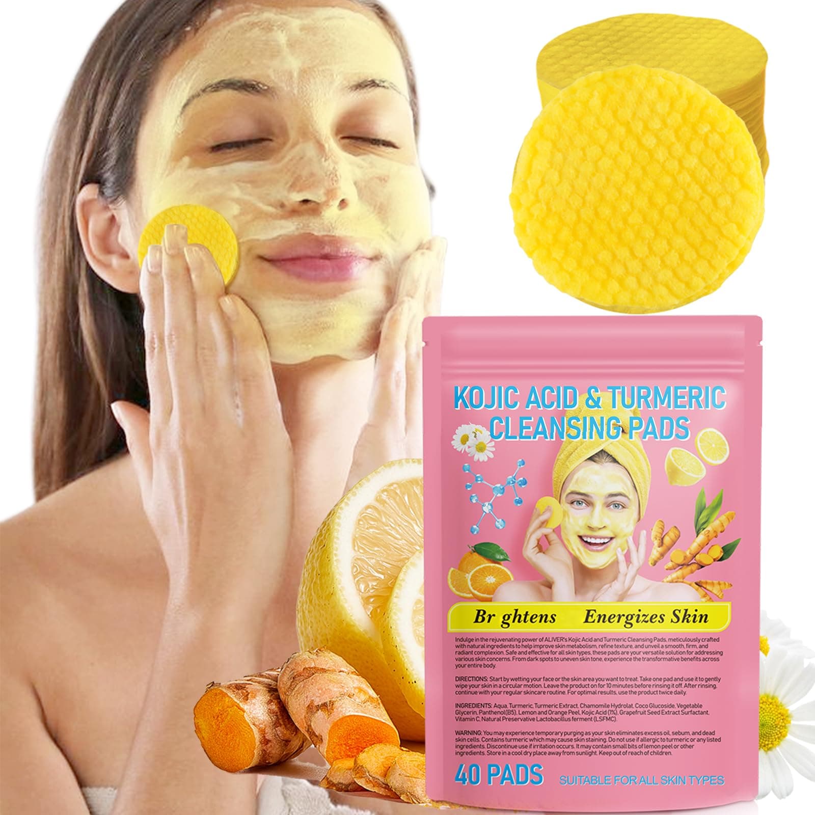 rosqqpuTurmeric Kojic Pads,40 Pcs Turmeric Cleansing Pads,Compressed Facial Sponges,Turmeric Exfoliating Cleansing Pads,Portable Skin Care Tools,Travel Essentials Facial Sponges
