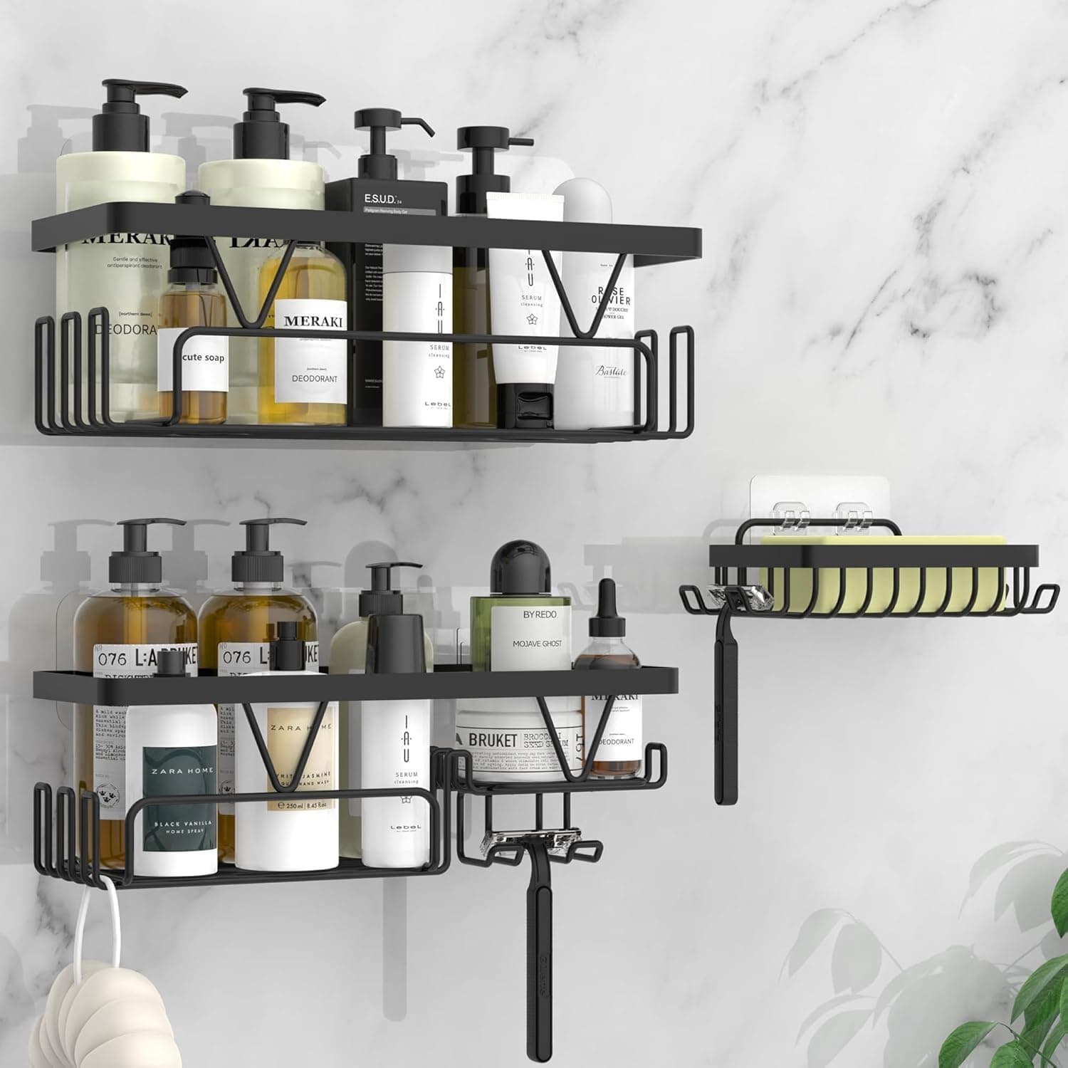 KEGII Shower Caddy, Bathroom Shelf Organiser No Drilling, Adhesive Shower Storage Rack with Soap Razor Holder, Bathroom Accessories, Black, 3 Pack