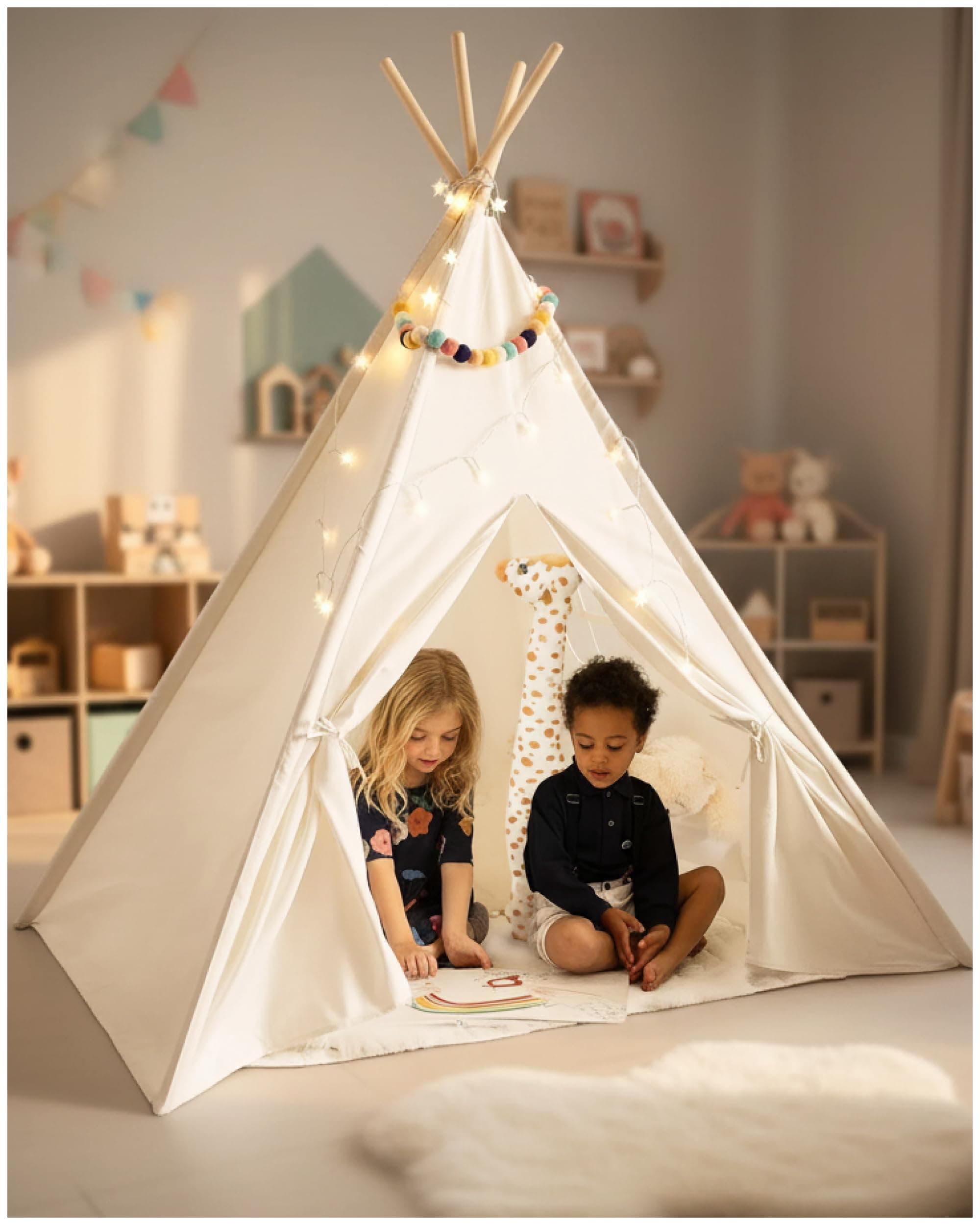 Playvibe Teepee Tent for Kids with LED Star Lights - Toddler Tent & Reading Corner, Playhouse Gift, Nursery Decor & Outdoor Backyard Fun, Spring Garden Play Tent Toy Fort for Toddlers