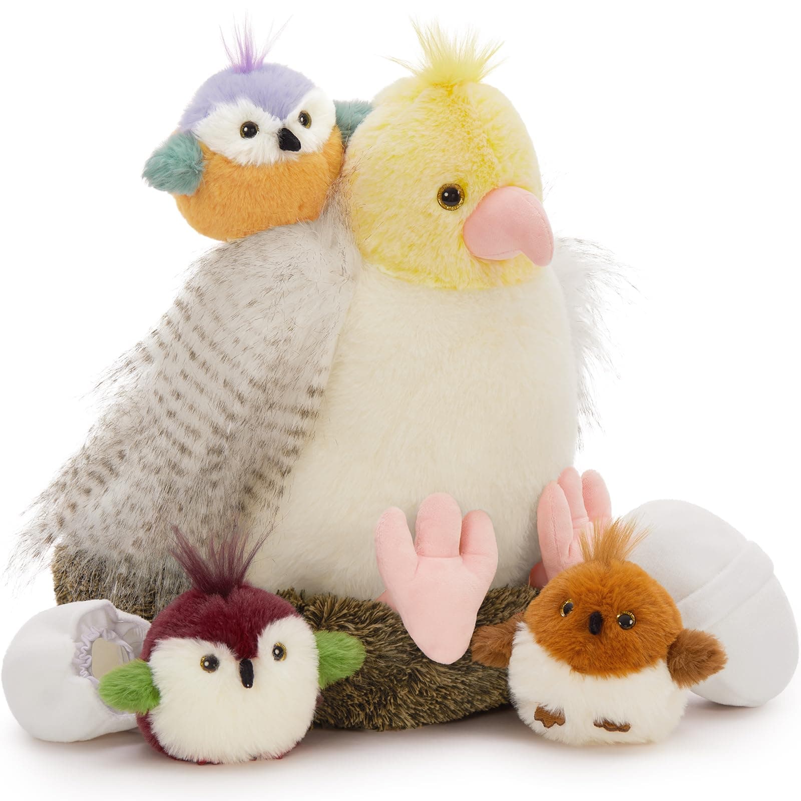 7 Piece Bird Stuffed Animals, 14 in Parrot Plush Set with Nest, Cute Plush Bird Nest for Kids,Girls,Boys