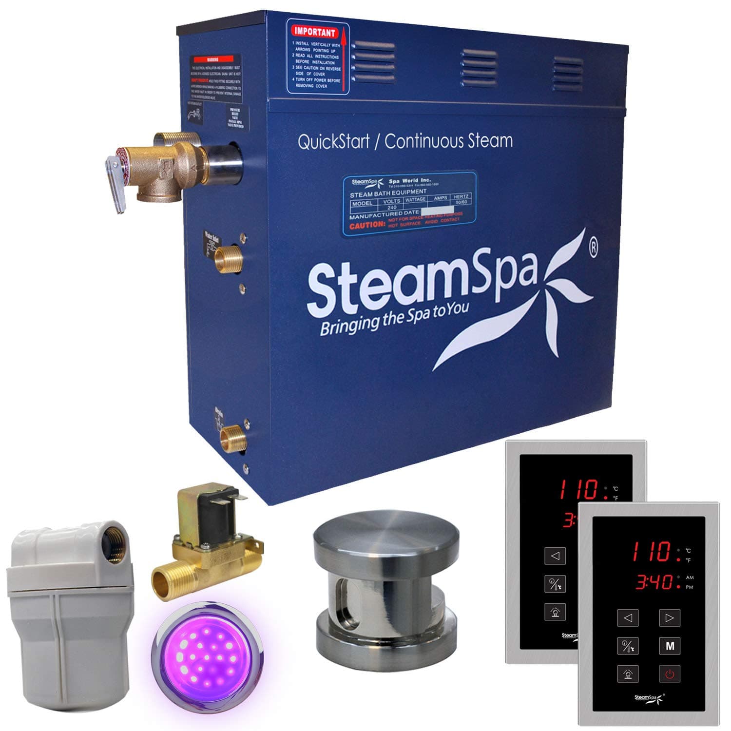 Steam Spa RYT900BN-A Royal 9 KW Quick Start Acu-Steam Bath Generator Package with Built-In Auto Drain, Brushed Nickel