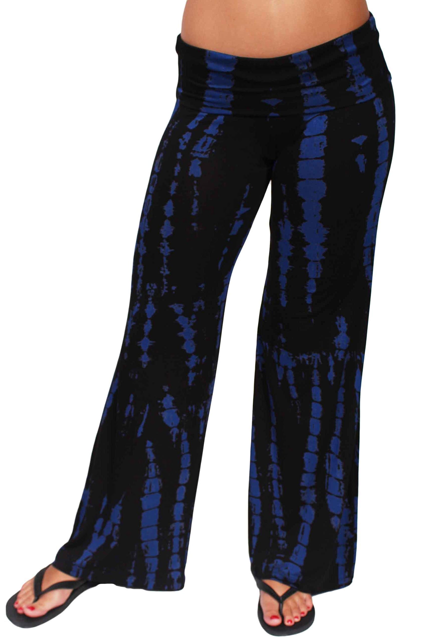 Women's Long Wide Leg Print Palazzo Pants Tie Dye Look Chevron: BLACK.ROYAL (XL)