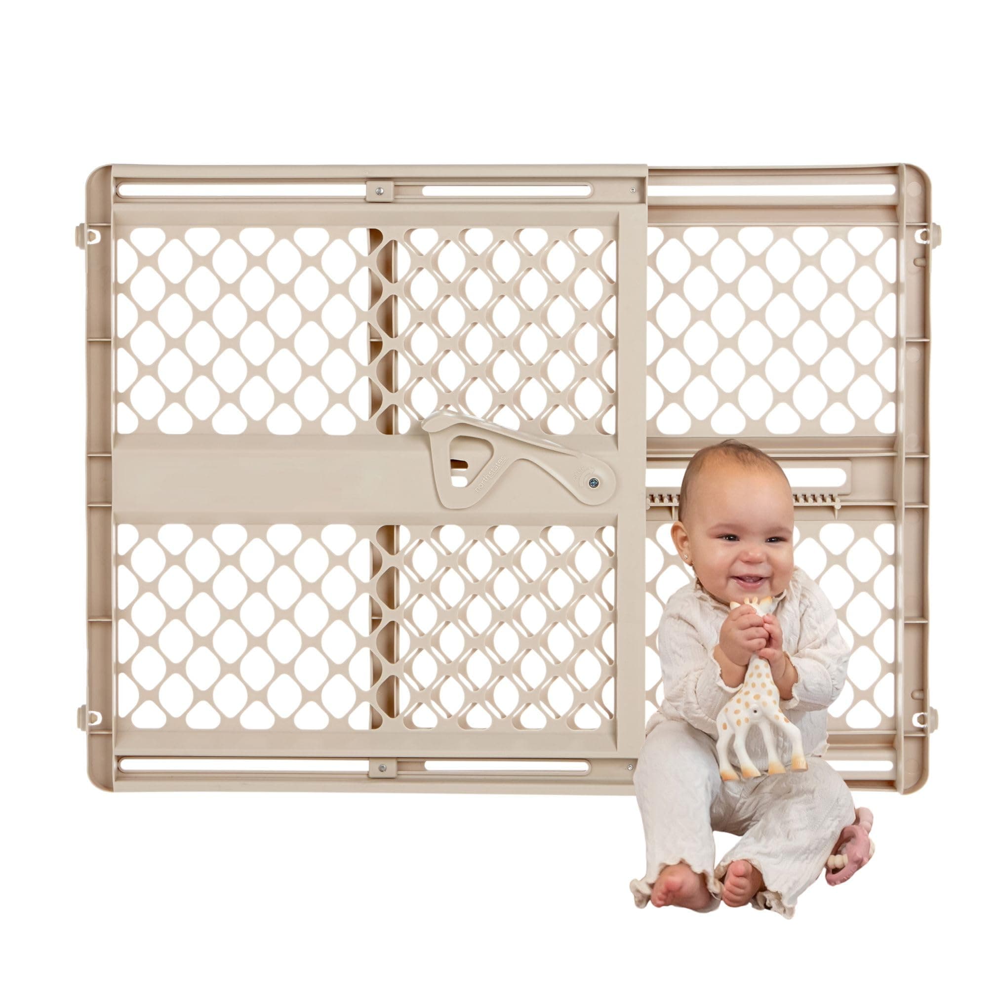 Toddleroo by North States 42” Wide Supergate Ergo Baby Gate, Made in USA: For Doorways or stairways. Includes Wall Cups. Pressure or Hardware Mount. 26” - 42” Wide (26" Tall, Sand)