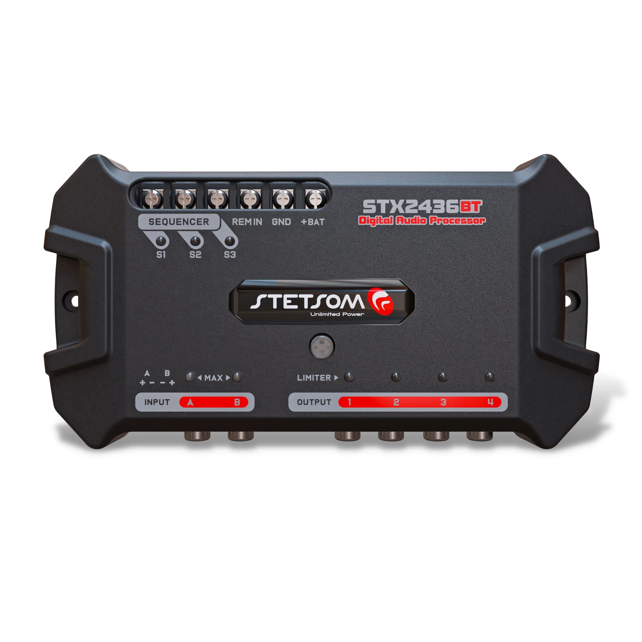 Stetsom STX 2436 Bluetooth DSP - デジタル信号プロセッサ、DSP、イコライザー、専用アプリ、バンドグラフィック、高精度クロスオーバー、フィルター、電圧計、リミッター、デジタルオーディオプロセッサ。