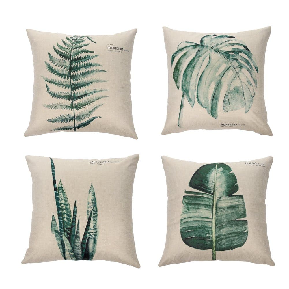 Leaf Theme Decorative Throw Pillow Covers Farmhouse Tropical Fern Linen Cushion Cover Cases Set of 4 for Sofa Couch 18"x18" (Plants)