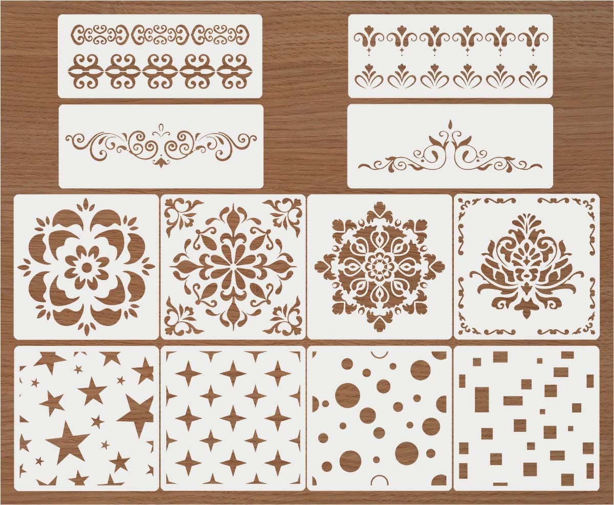 Premium Quality Reusable Stencils Set of 12 Laser Cut Painting Stencil Floor Wall Tile Fabric Wood Stencils (White)