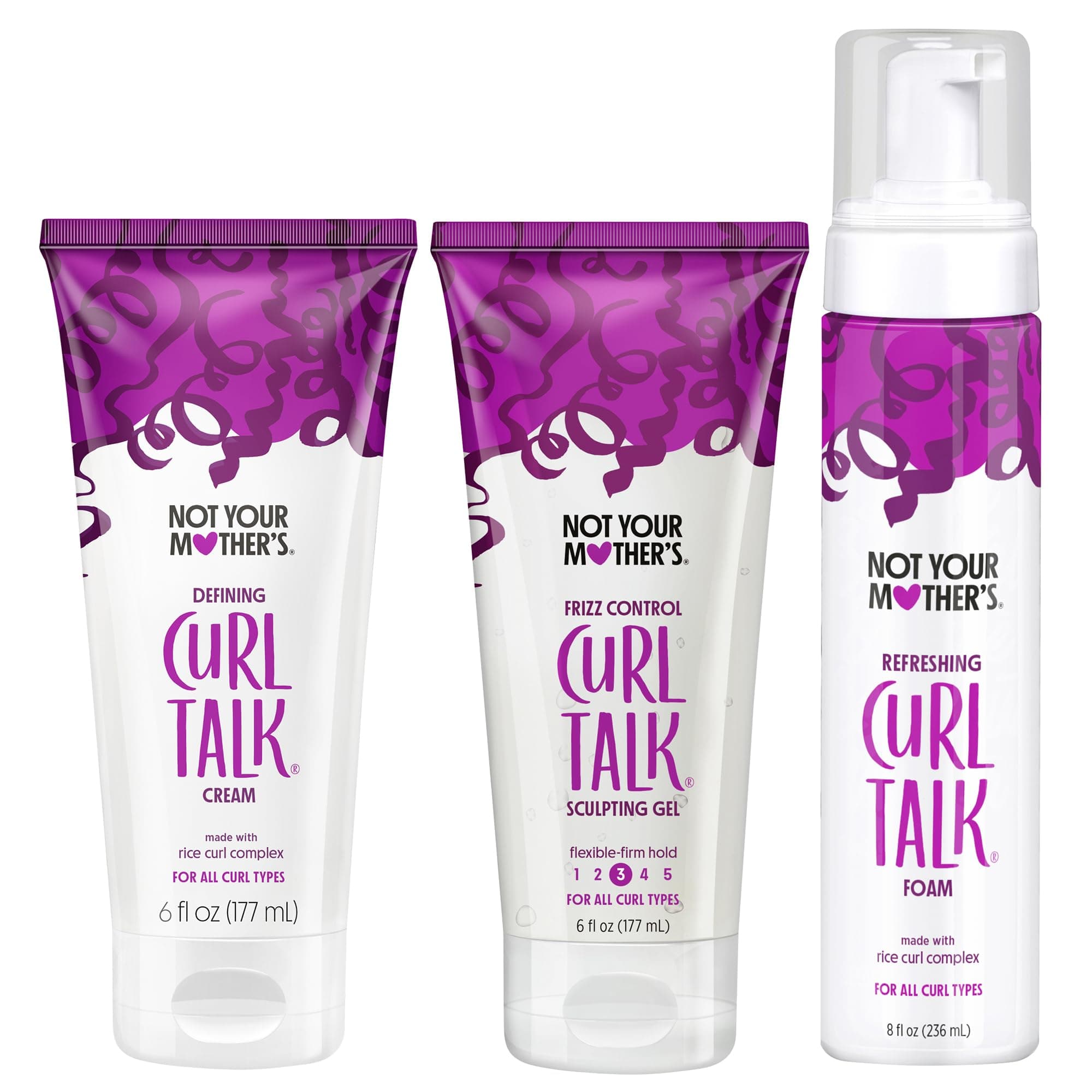 Not Your Mother's Curl Talk Frizz Control Sculpting Gel, Defining Cream, and Refreshing Curl Foam (3-Pack) - 6 and 8 fl oz - Formulated with Rice Curl Complex - For All Curly Hair Types