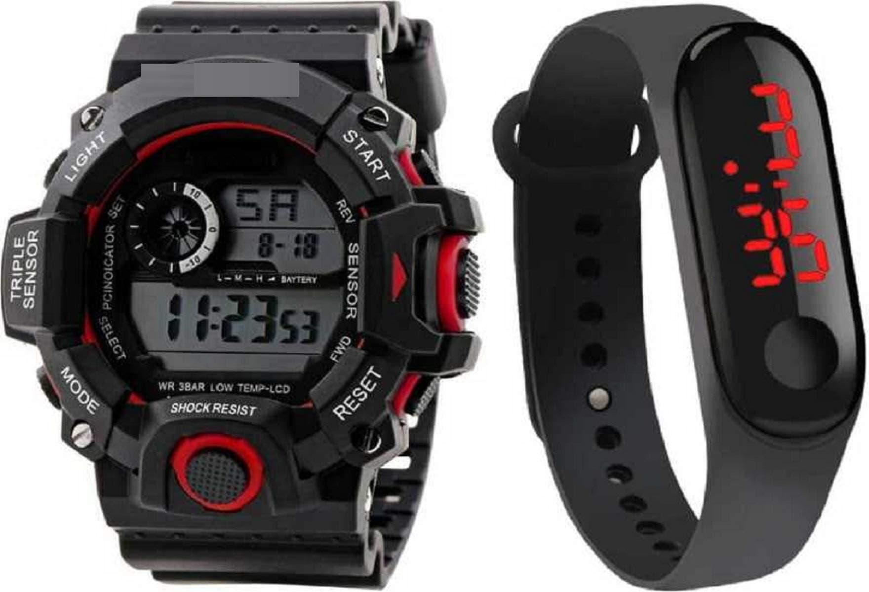 Silicone Digital Men's & Women's Watch Band & Watch (Pack Of 2) ( Black Dial Black Strap )