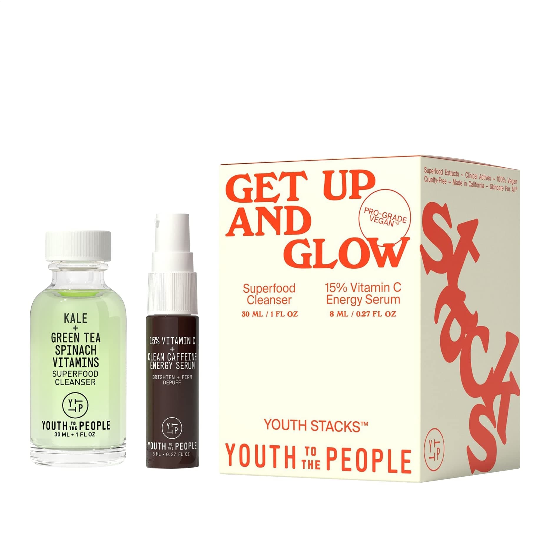 Youth To The People Youth Stacks Get Up + Glow - Superfood Cleanser (1oz) 15% Vitamin C + Caffeine Energy Serum (0.27oz) Morning Skincare Kit