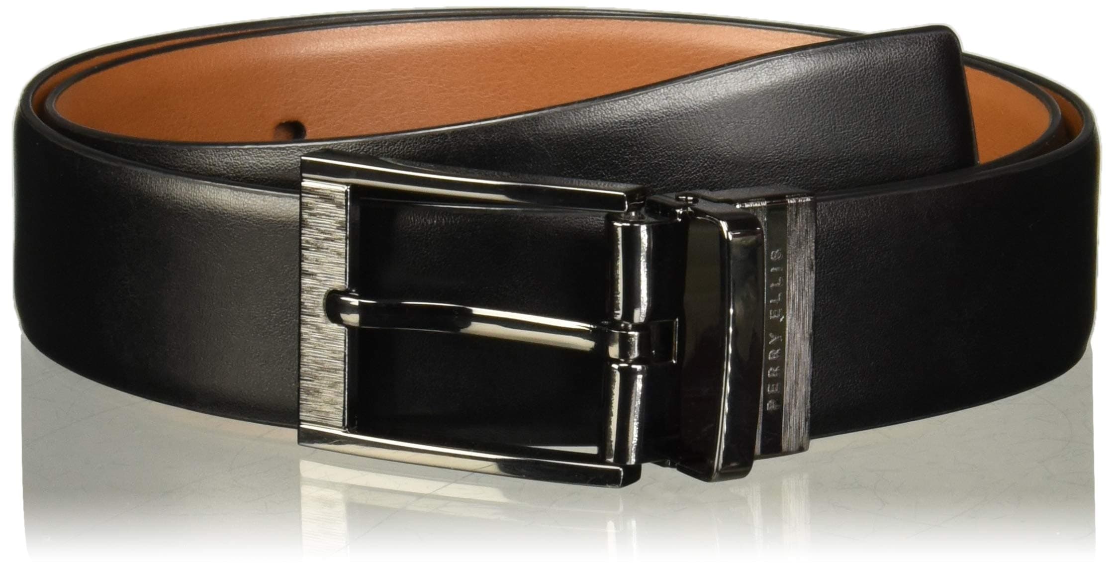 Portfolio Feather Edge Leather Men's Belt, Reversible with Etched Buckle, Soft Touch Material