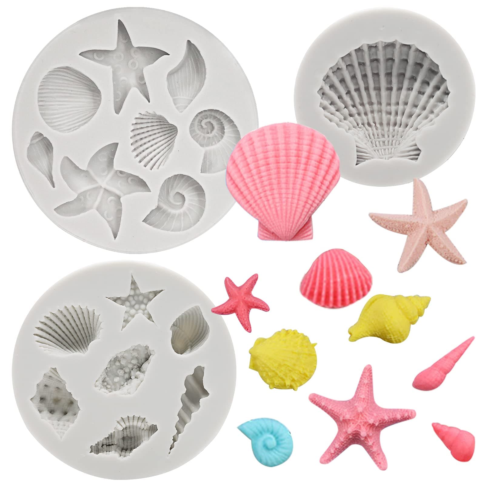 MEMOVAN Under the Sea Silicone Mold 3pcs Marine Fondant Cake Mold Seashell Conch Starfish Silicone Baking Mold for Under the Sea Ocean Chocolate Candy Cake Decoration Polymer Clay Gum Paste Craft