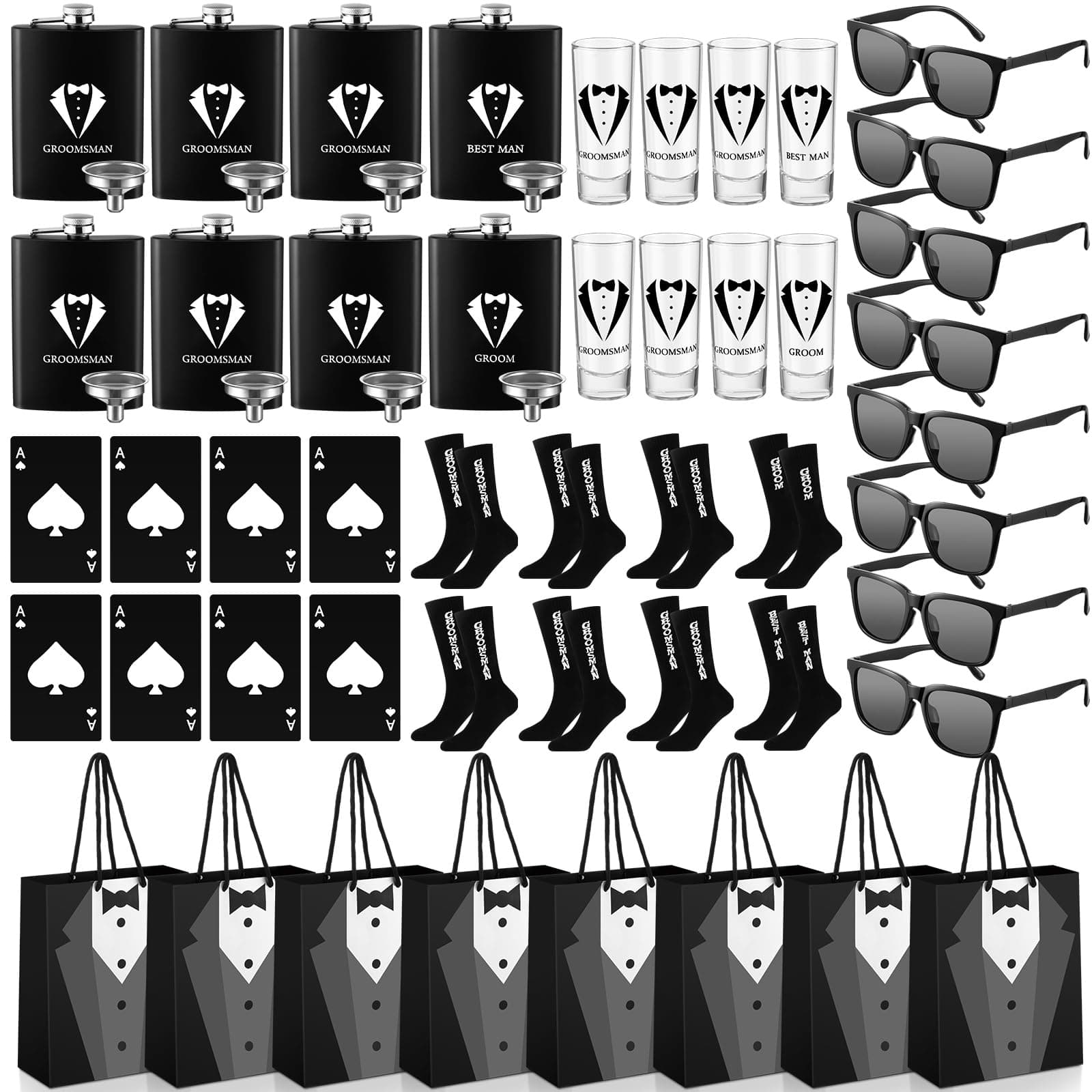 Maxcheck 48 Pcs Groomsmen Gifts Set Groomsmen Proposal Bags with 8 Tuxedo Flask 8 Shot Glasses 8 Poker Card Beer Bottle Opener 8 Sunglasses 8 Bags 8 Pair Socks for Wedding Party