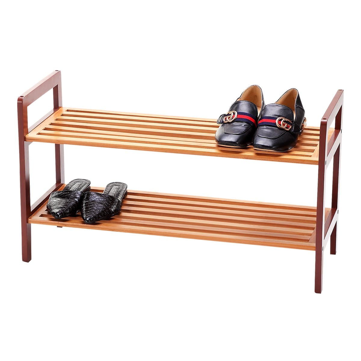 New Ridge Home Goods Natural Bamboo 2-Tier Rack Shoe Tower Shelf Storage Organizer Cabinet, Brown Solid Wood