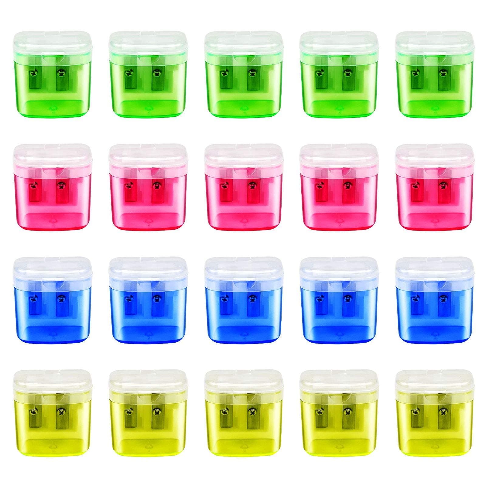 MENOLY 20 Pack Pencil Sharpeners Manual, Double Hole Colored Pencil Sharpener with Lid, Handheld Pencil Sharpeners for School Office Home