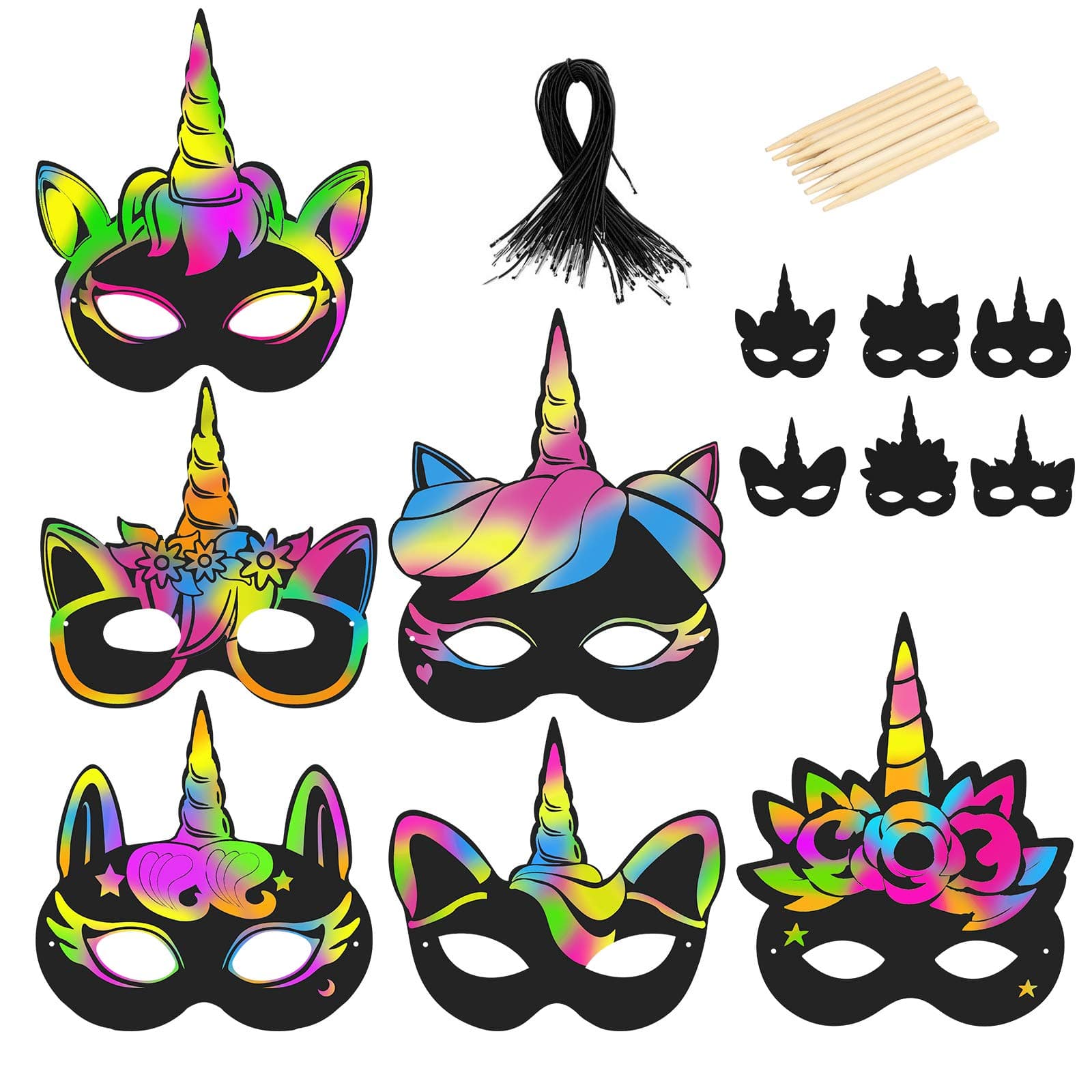 PATAZOK 24pcs Scratch Art Masks, Unicorn Scratch Paper Rainbow Magic Scratch Card Note Paper with 24pcs Elastic Cords and 12pcs Wood Stylus for Kids Birthday Unicorn Themed Party (6 Styles)