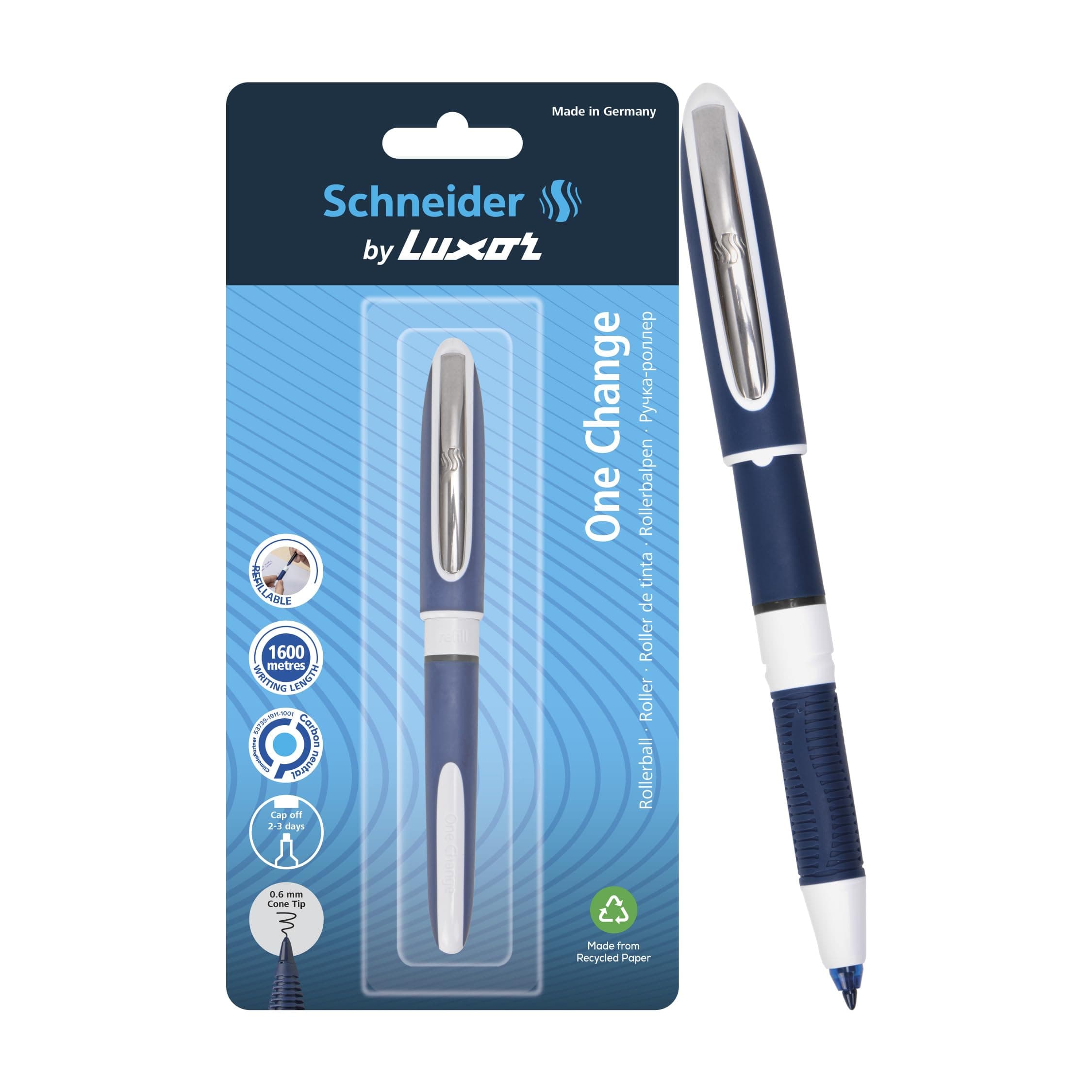 Schneider One Change | Rollerball Pen | Pack of 1 | Ink Colour- Black | 0.6 mm Cone Tip | Refillable Waterproof Ink | 1600 Metres Writing Length | Ideal For Professionals