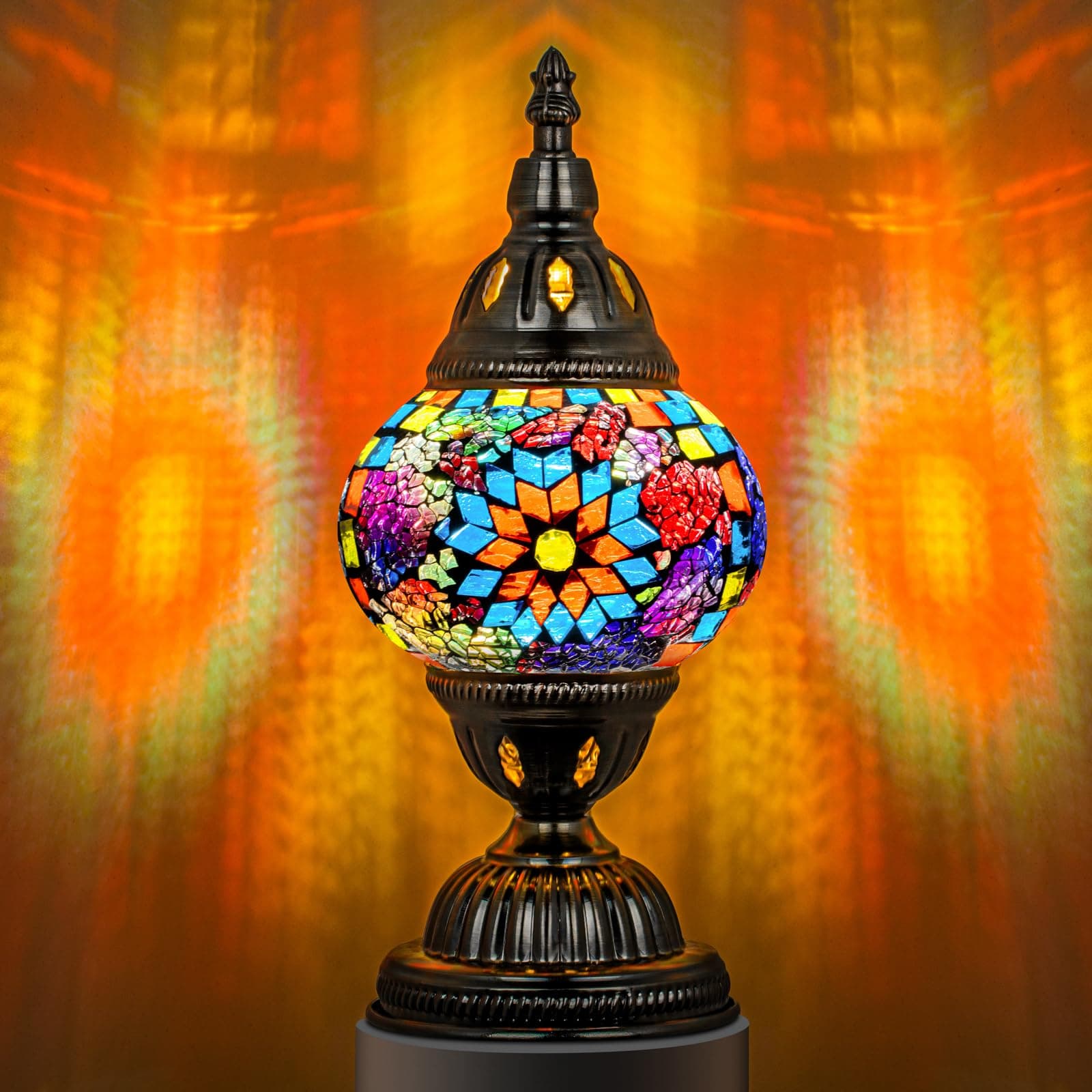 Turkish Table Lamp with Bronze Base,Handmade Colorful Moroccan Tiffany Style Mosaic Glass Night Stand Light Fixture Including LED Bulb for Living Room Bedroom Decor