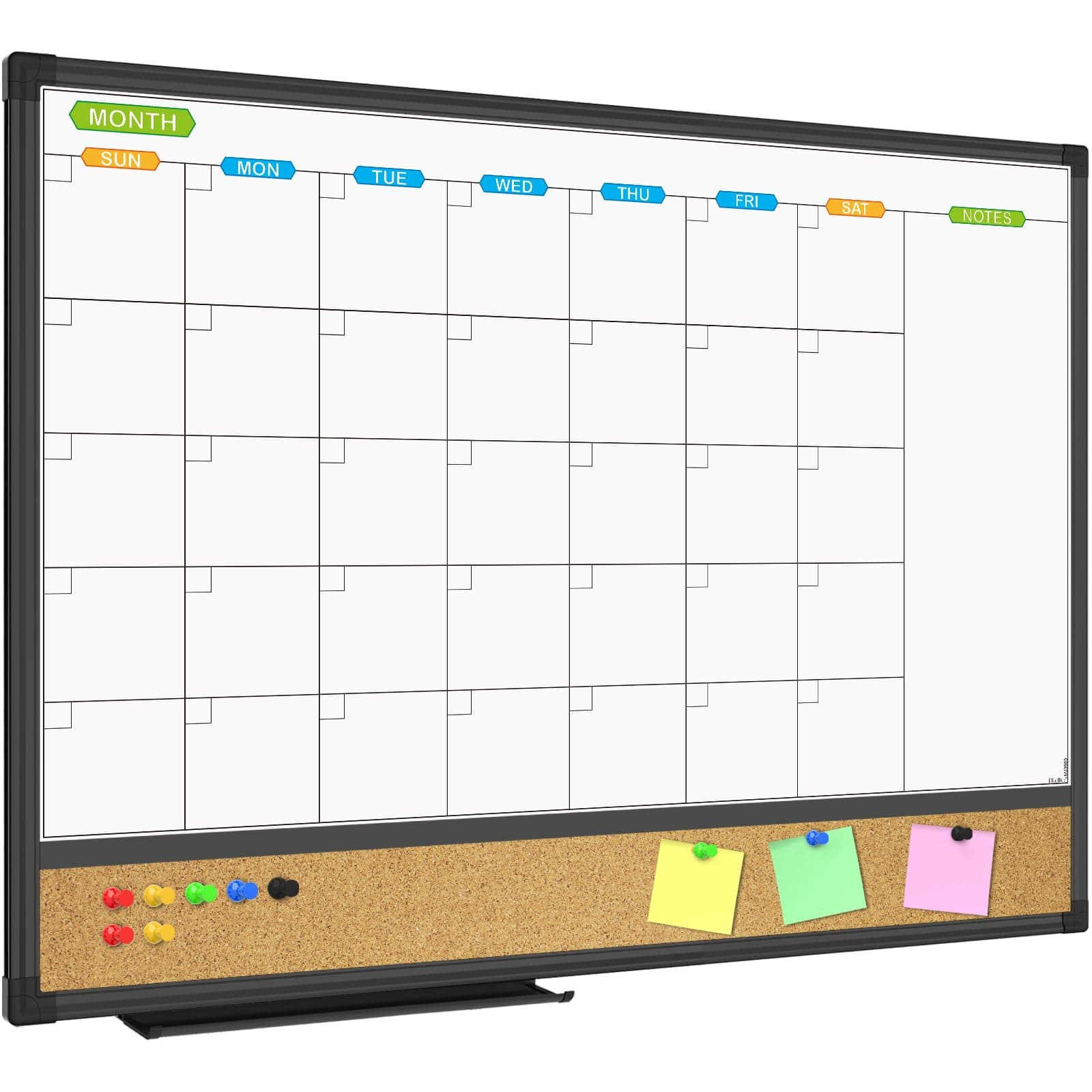 JILoffice Magnetic Calendar Whiteboard & Bulletin Corkboard Combination, Combo Board 24 x 18 Inch, Black Aluminum Frame Wall Mounted Board for Office Home and School with 10 Push Pins