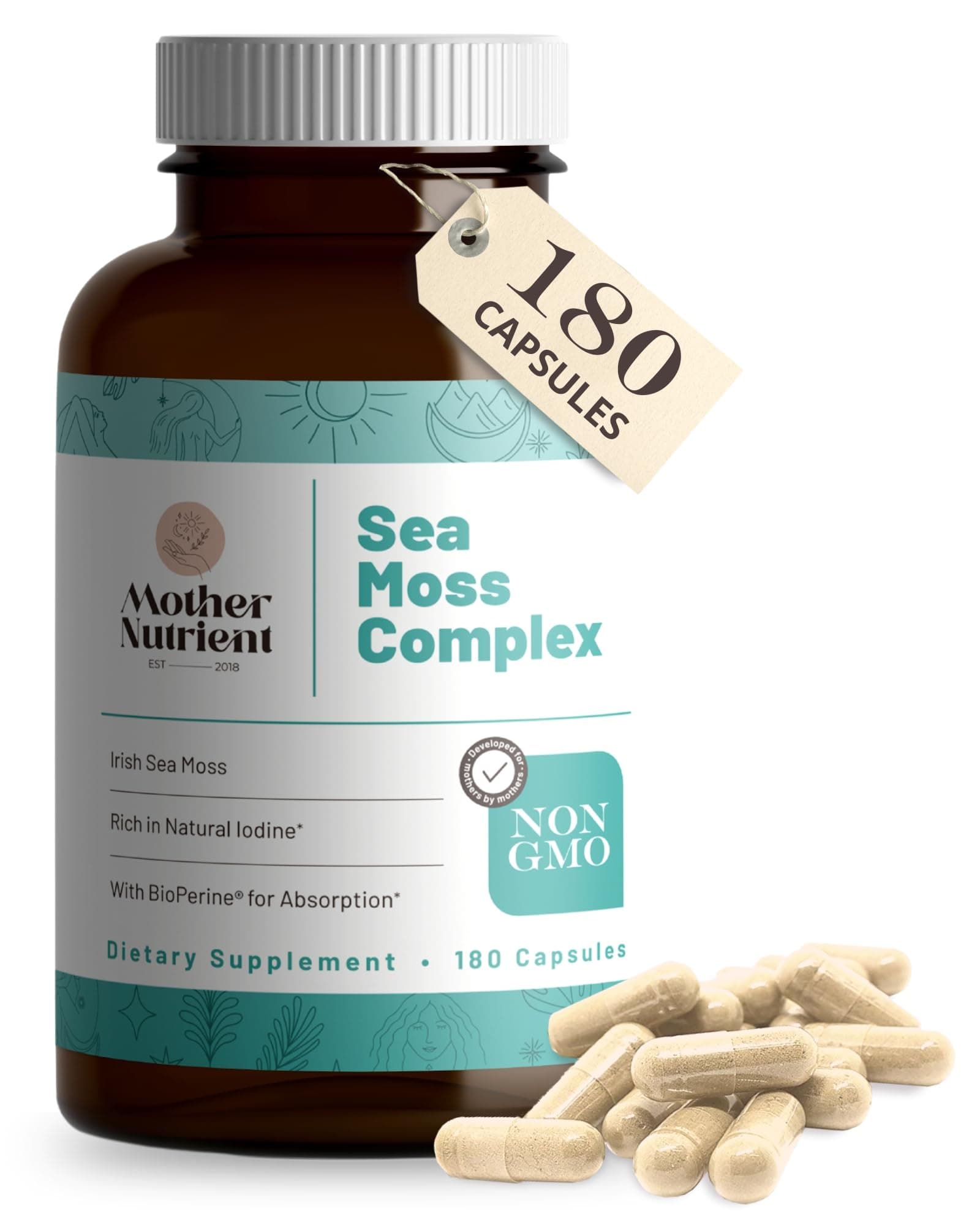 Mother Nutrient Sea Moss Capsules + Kelp Complex with Golden Irish Sea Moss, Purple Sea Moss, Burdock Root, Icelandic Kelp Powder, and Bladderwrack — 3-Month Supply (180 Capsules)